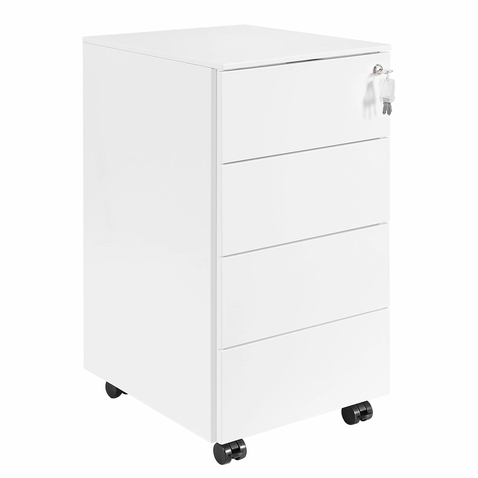 Cajonera móvil, Archivador Metálico con Cerradura, 4 Llaves, 4 Cajones, Premontado, para Oficina, Oficina en Casa, Blanco