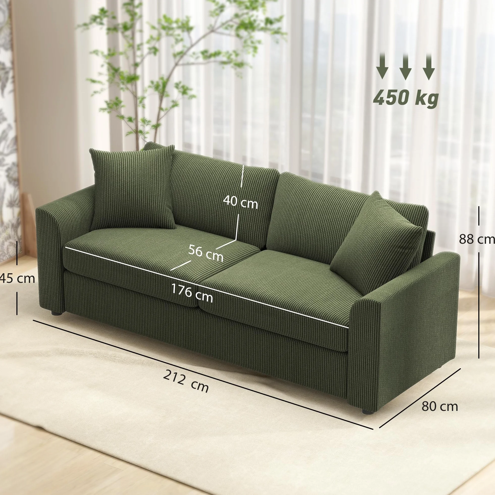 HOMCOM Sofá de 3 Plazas Sofá de Salón 212x80x88 cm Tapizado en Pana con 2 Almohadas Reposabrazos y Cojín de Muelles Diseño Moderno para Sala de Estar Dormitorio Verde