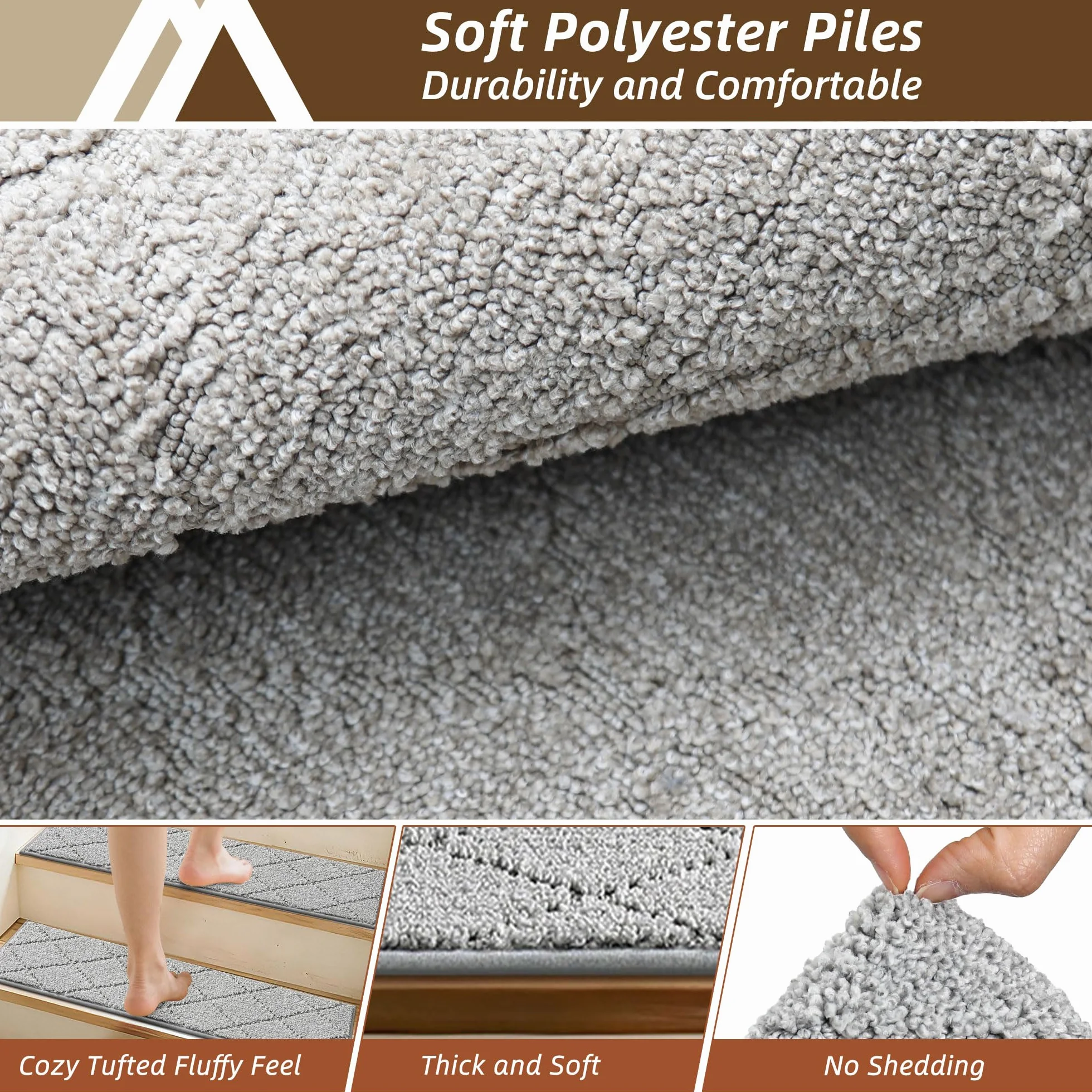 COSY HOMEER Alfombrillas para escalones interiores, 70 x 22 cm, 15 unidades, autoadhesivas, alfombra para escaleras antideslizantes, parte trasera de elastómero termoplástico, lavables a máquina, 100%
