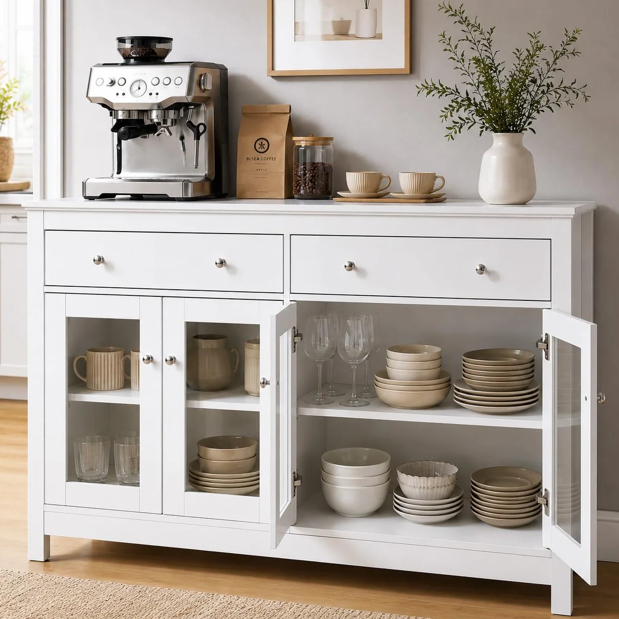 Aparador Blanco de Cocina, Mueble Auxiliar Moderno con Puertas de Vidrio y Alacena Grande con Cajones para Salón o Comedor 140x40x90.7cm