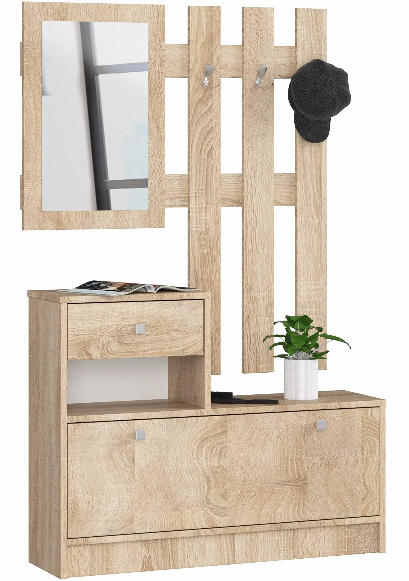 AKORD | Conjunto de Zapatero y Perchero | Zapatero con 1 Compartimento y 1 nicho con 1 cajón 90 x 70 x 25 cm | Pared con Espejo 90 x 100 cm | Set Completo de Entrada | Peso 39 kg | Roble Sonoma