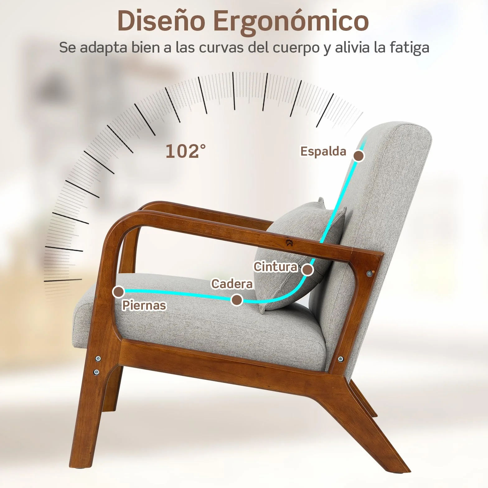 COSTWAY Silla Moderna de Madera, Butaca de Salon con Almohada Lumbar, Almohadillas de Fieltro Antideslizantes, Sillón de Lectura Tapizado en Tela, 79 x 65 x 77 cm (Gris)