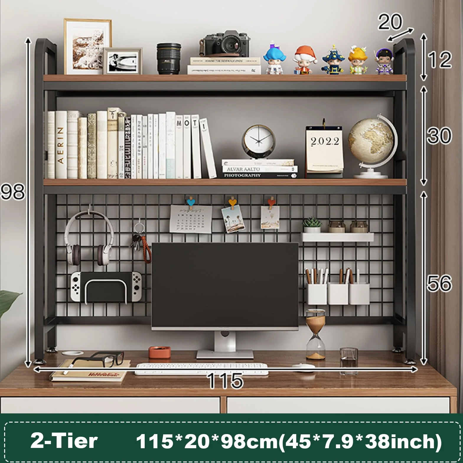 TWSOUL Estantería de escritorio, estantería de escritorio de 2 niveles, de madera y metal, estantería de escritorio para oficina con compartimento de rejilla, para oficina, estudio, dormitorio (altura