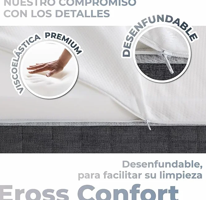 Topper 90x190 Cubre Colchon Desenfundable y Lavable. Núcleo Viscoelastica Máxima Calidad Adaptable, Antialérgico y Transpirable. Firmeza Media. Fabricación Propia. Moncel ErossConfort