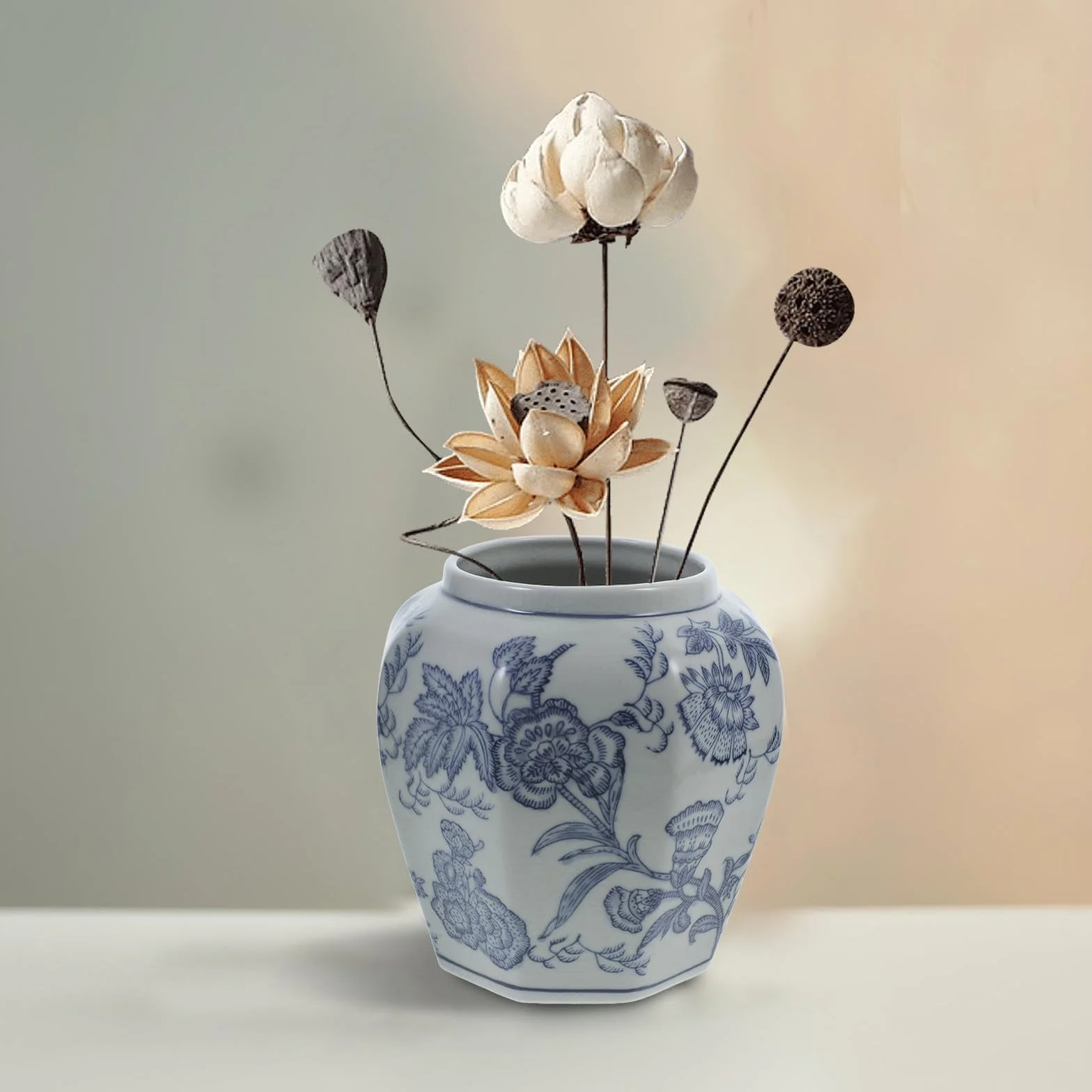 DOITOOL Jarrón Floral de Cerámica Azul Estilo Chino Diseño Delicado y Tacto Agradable para Decoración en Hogares y Entradas