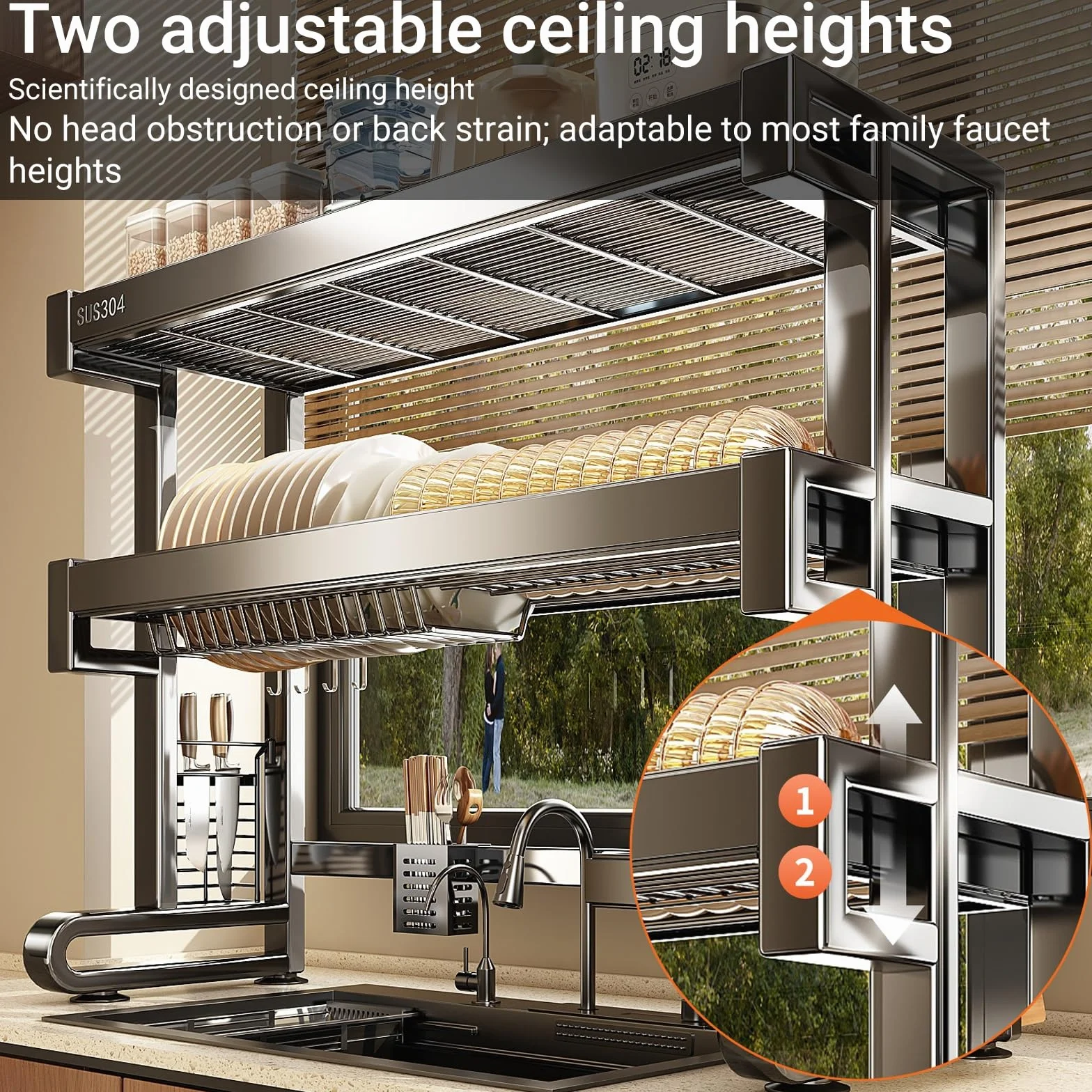 Escurreplatos sobre el Fregadero de Acero Inoxidable 304, Altura Ajustable, Ahorro de Espacio, Adecuado para el Fregadero de la Cocina, Ideal para secar Platos(Single Layer,76cm/29.9in)