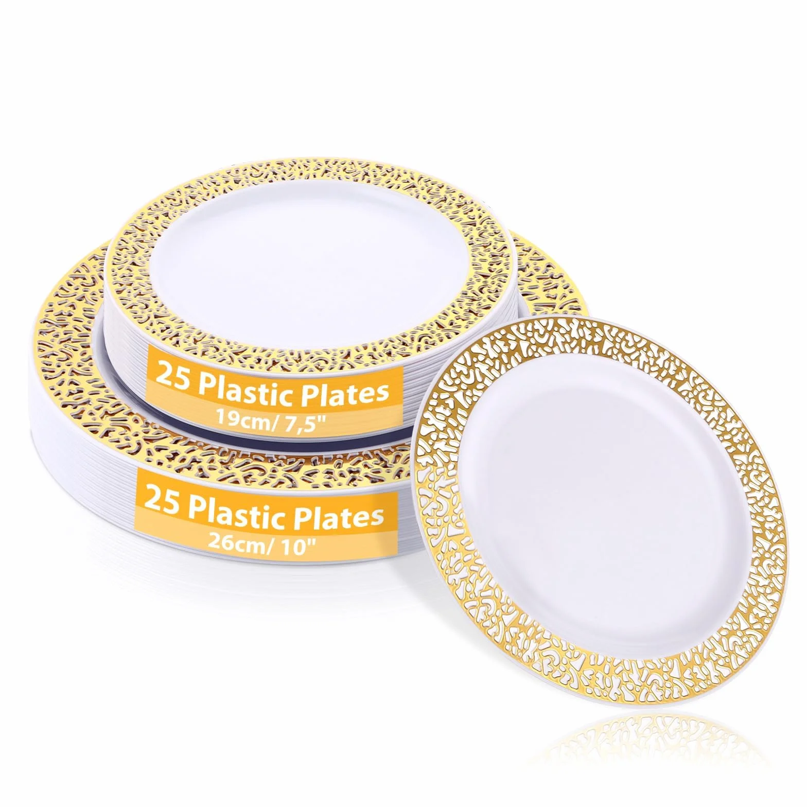 AKOLAFE 50 Piezas Platos Plástico Dorado, Platos Reutilizables con Borde Dorado 19 cm y 26 cm para Bodas Fiestas Cumpleanos Cena Postre Mesa Evento Decoración