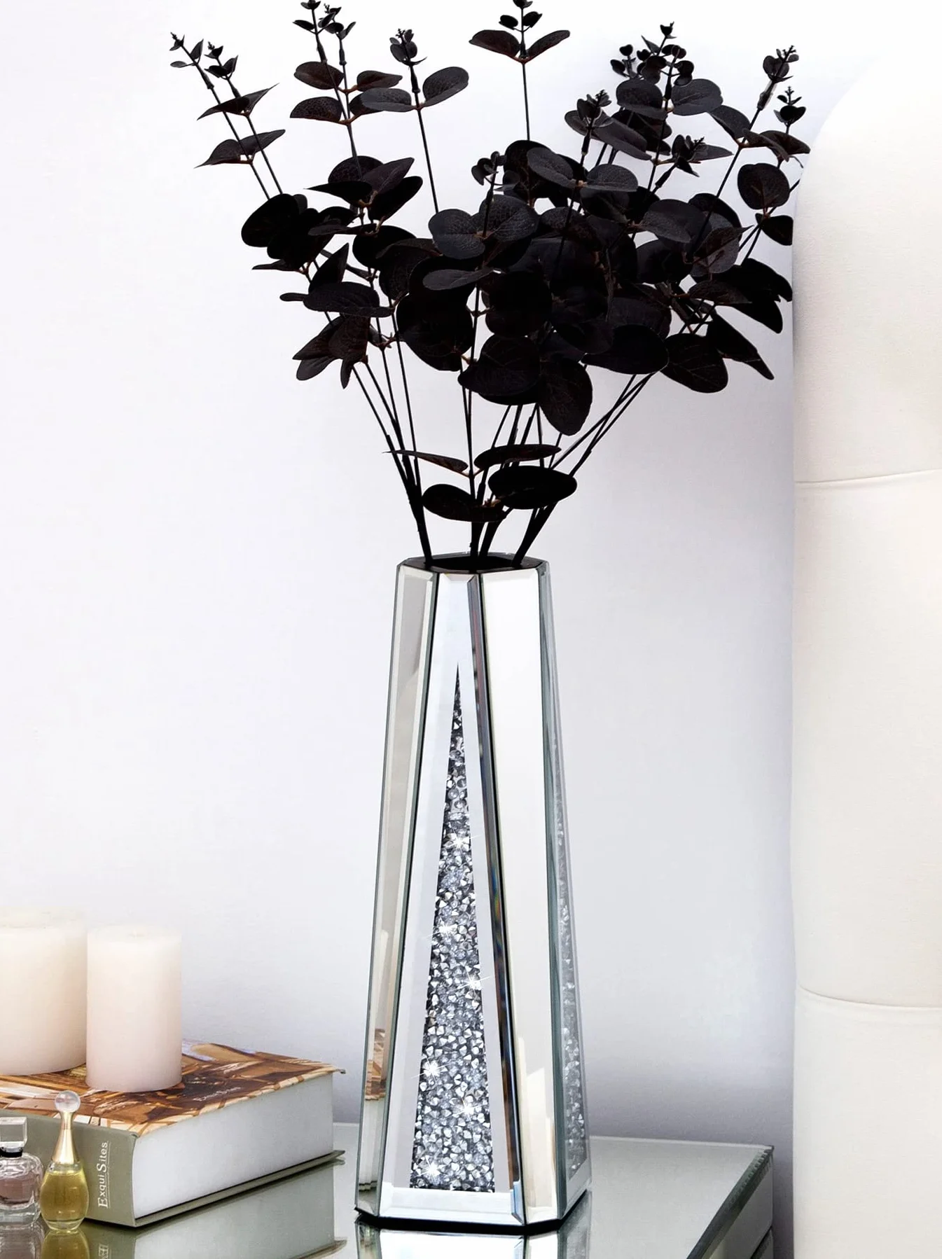 SHYFOY Jarrón grande para flores secas, 33 cm, decorativo de plata y cristal con cristales para el hogar, salón, mesa de comedor, boda