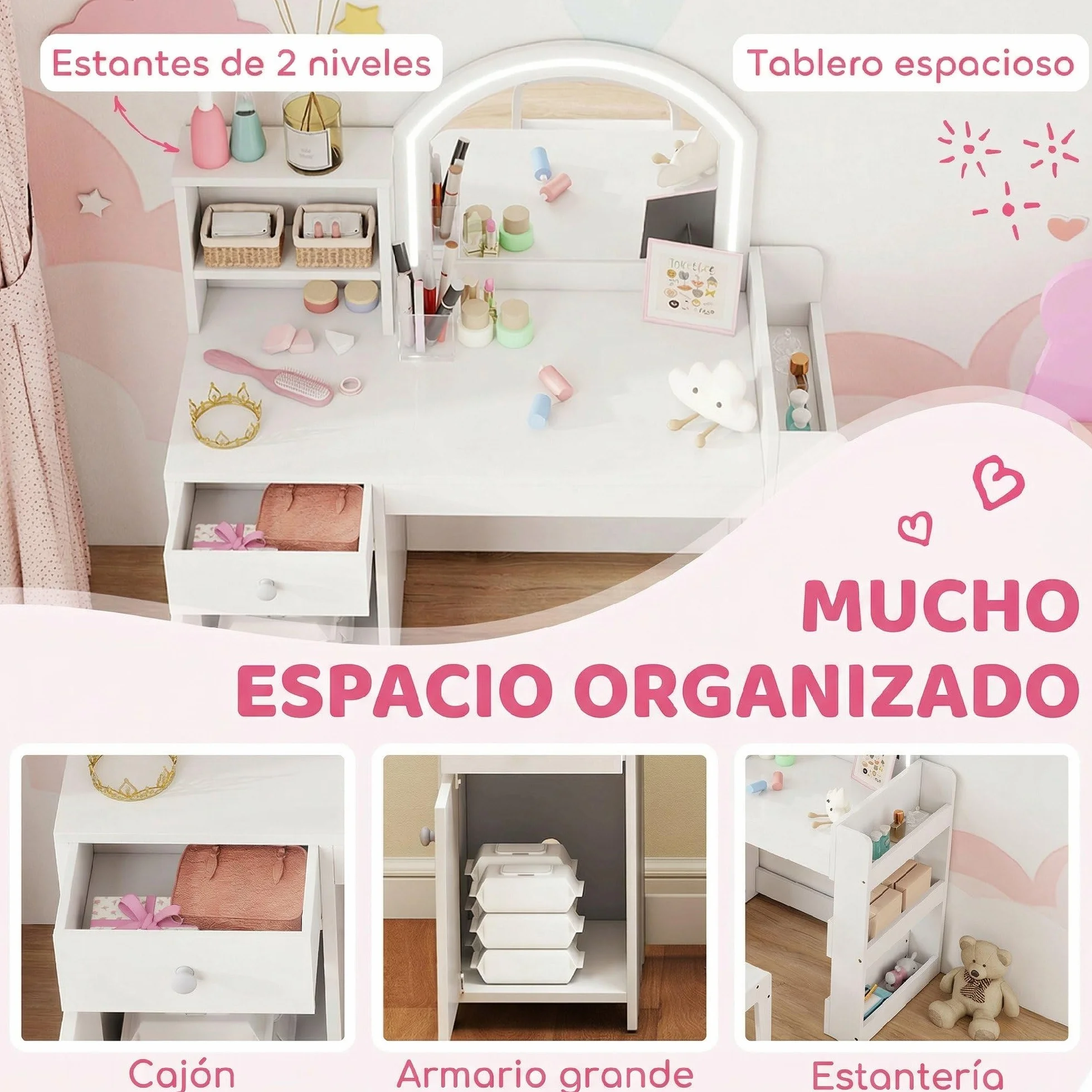 AIYAPLAY Tocador de Maquillaje Niña Infantil con Taburete, Espejo LED, Cajón y Estantes, Blanco
