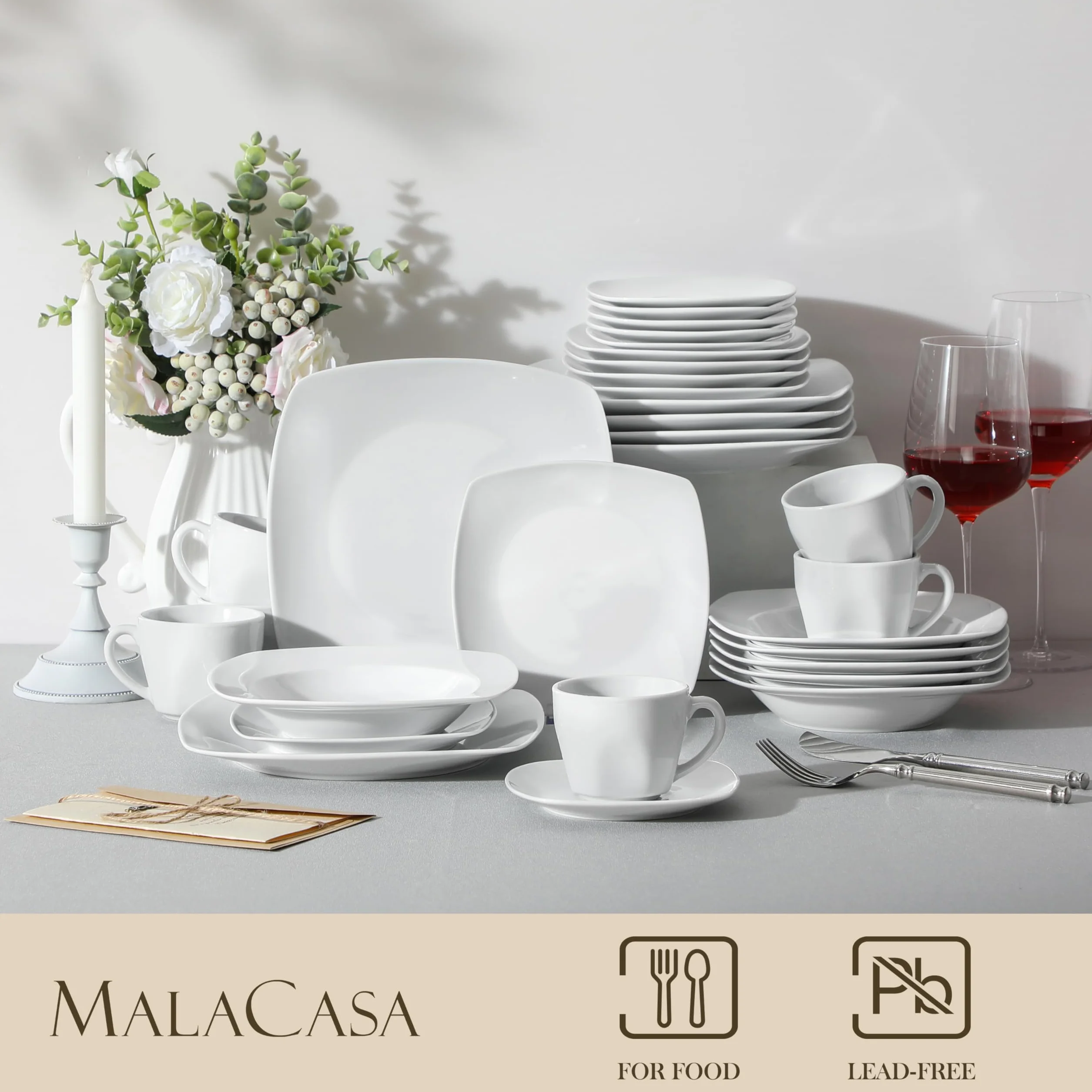 MALACASA JULIA Vajillas Completas 12 Personas, 60 Piezas Juego de Platos de Porcelana con 12 Platos Llanos, 12 Platos de Postre, 12 Platos Hondos, 12 Tazas de Café y 12 Platillo, Vajilla Blanca