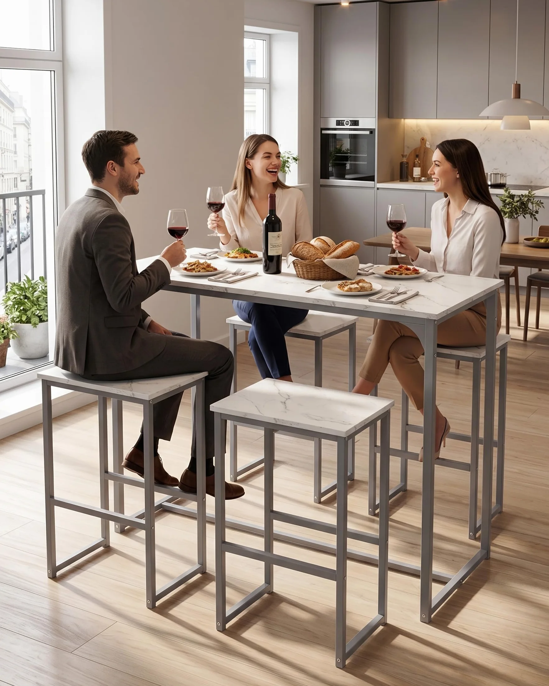 Mesa Alta Cocina con Taburetes, Mesa Cocina Pequeña con Sillas multifuncionales de diseño Moderno, Mueble Bar Salon líneas de mármol Blanco