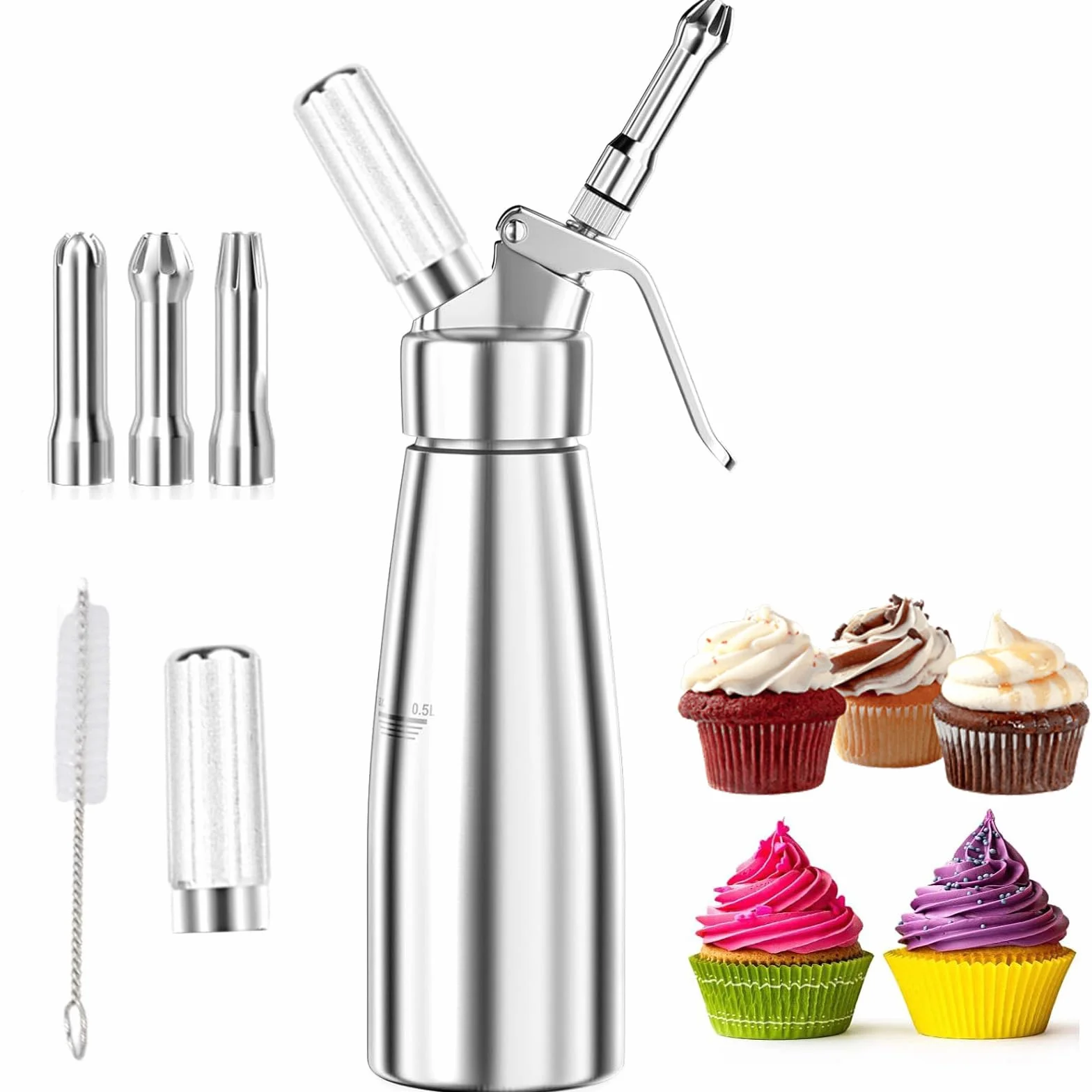 Sifón para Nata Montada Profesional 500ml, 3 Boquillas Acero Inoxidable y Cepillo de Limpieza, Cilindro Recargable para Repostería, Postres, Mousses