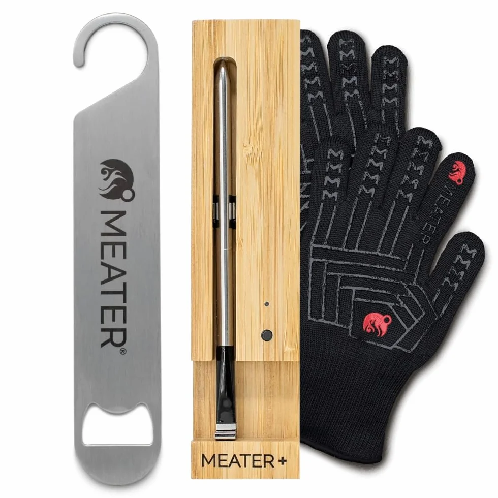 MEATER Juego de cocina inteligente: termómetro de carne con guantes de barbacoa y hoja de barra, mantente seguro, parrilla más inteligente y celebra con estilo, más de 50 recetas en aplicación
