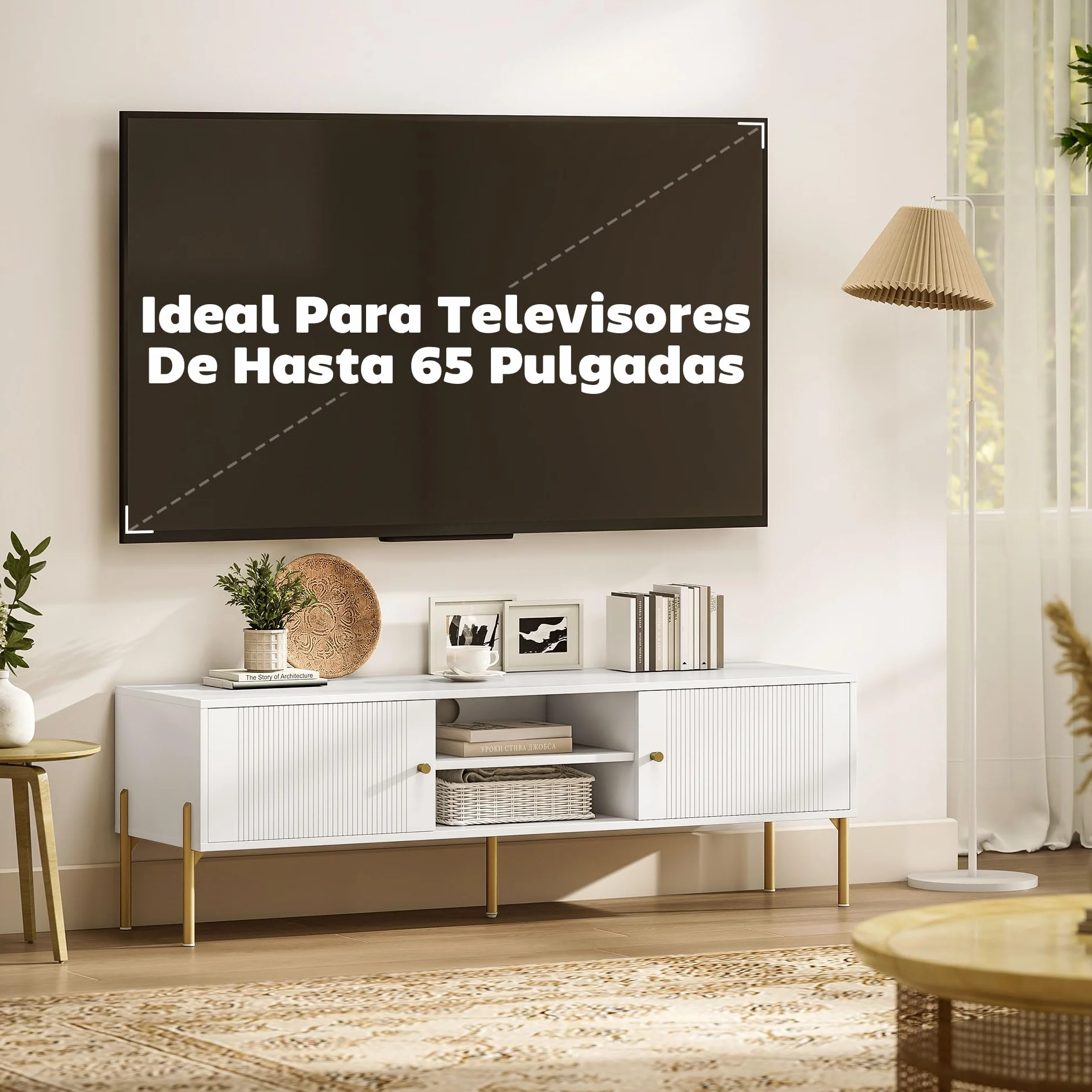 HOMCOM Mueble de TV Moderno de 2 Puertas, Mesa TV para Salón con 2 Estantes Abiertos Ajustables, Orificios Pasacables, Patas de Acero, para Televisión 65 Pulgadas, 140x38x45,9 cm, Blanco