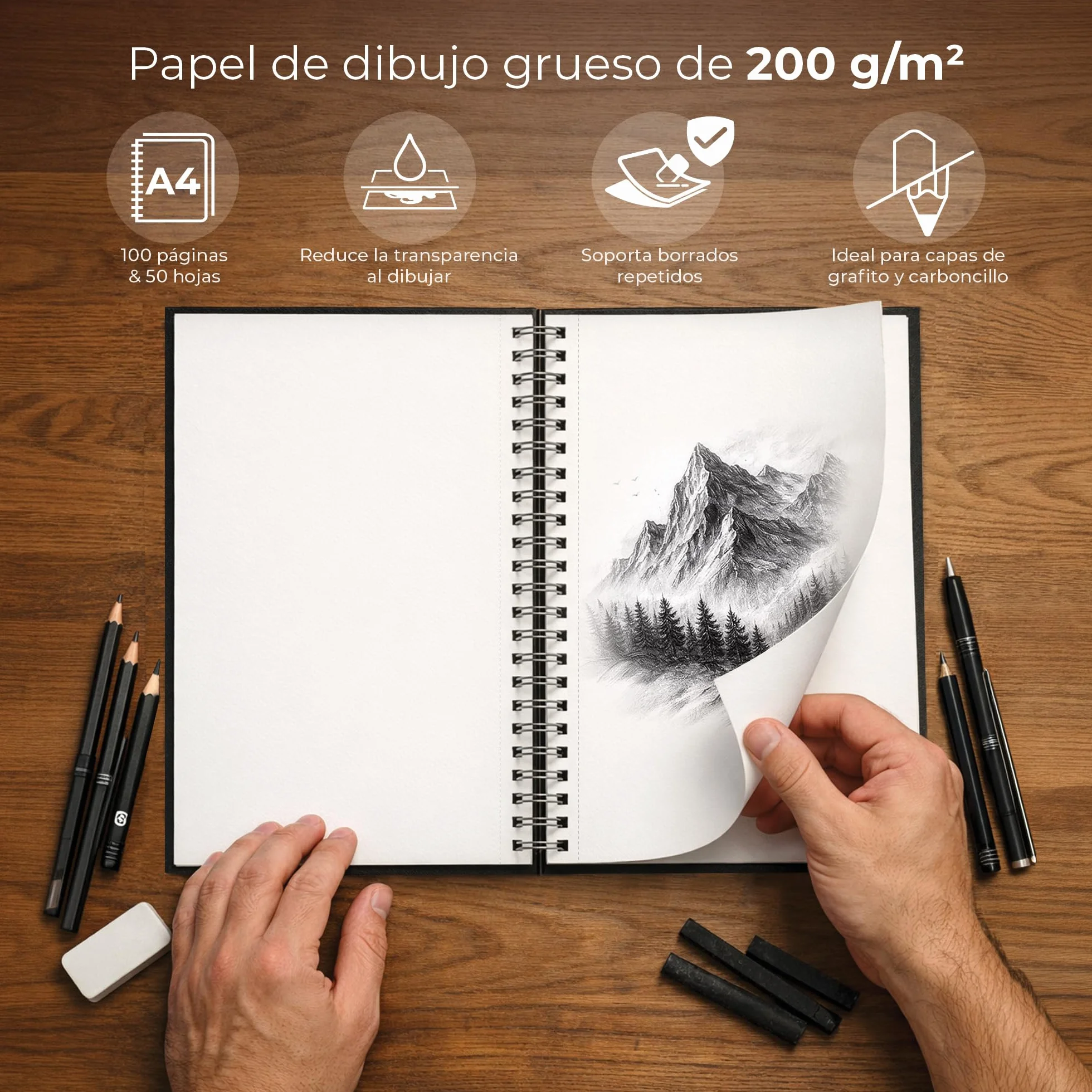 DIYIDEA Cuaderno de Dibujo A4 200 g/m² 100 Páginas Espiral Tapa Dura Bloc de Dibujo para Lápiz Carboncillo Grafito y Pastel