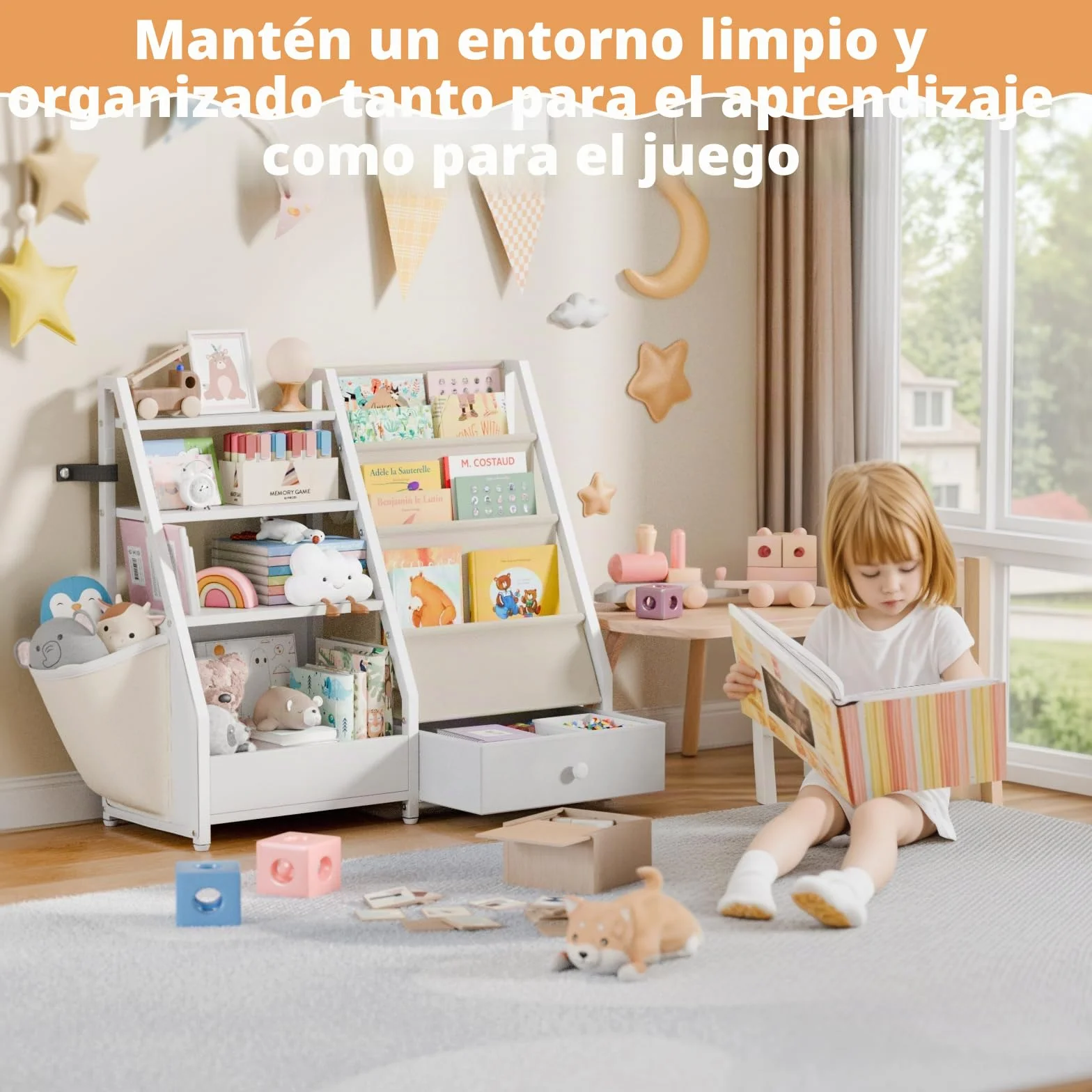 Estantería y almacenamiento de juguetes, estante para libros y guardería, organizador Montessori, color blanco