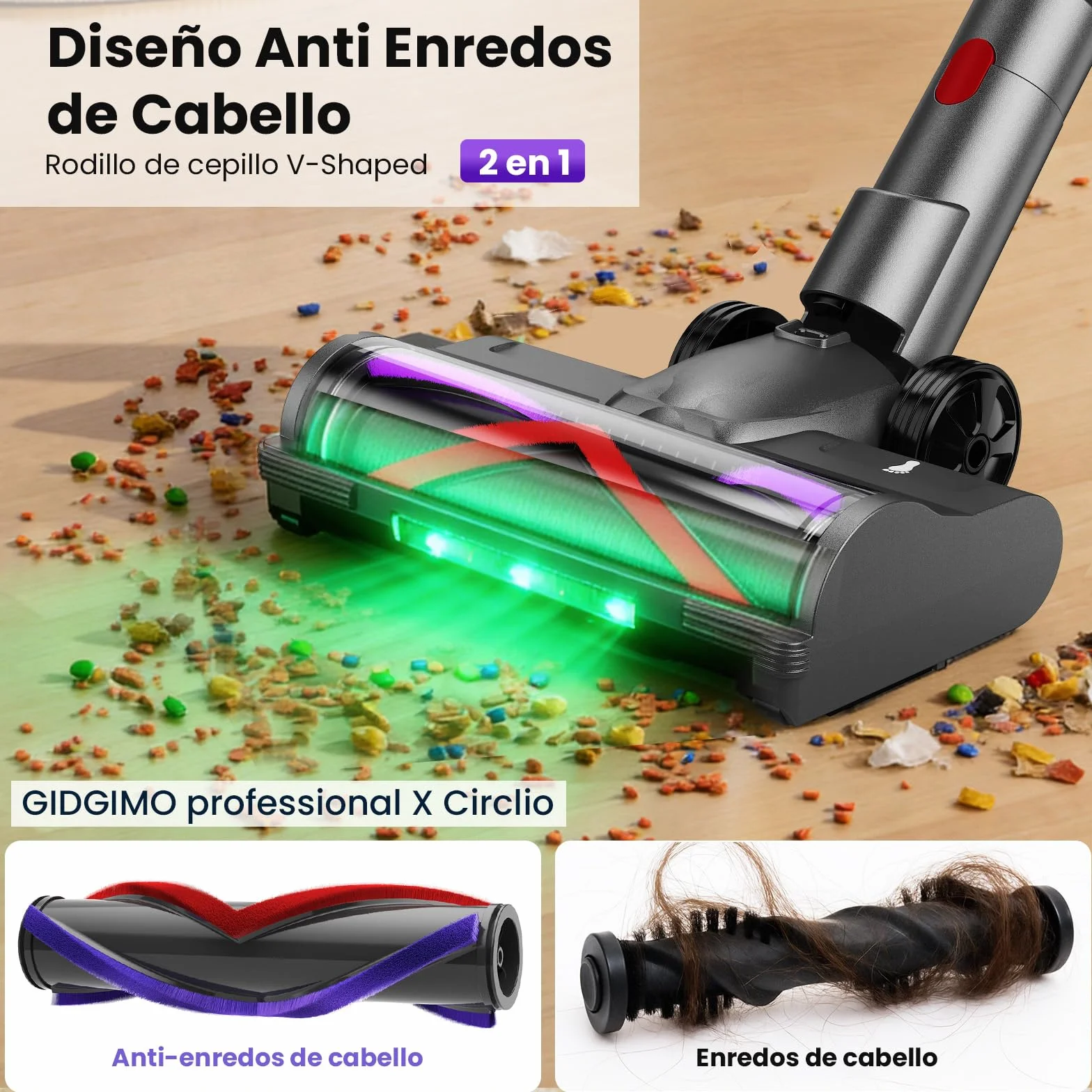 GIDGIMO professional X Circlio Aspiradora Sin Cable 58000Pa/600W/75Min, Escoba Aspiradora sin Cable de 1.6L, Pantalla LED Inteligente, Aspirador Antienredo para Suelos, Alfombras y Pelo de Mascotas