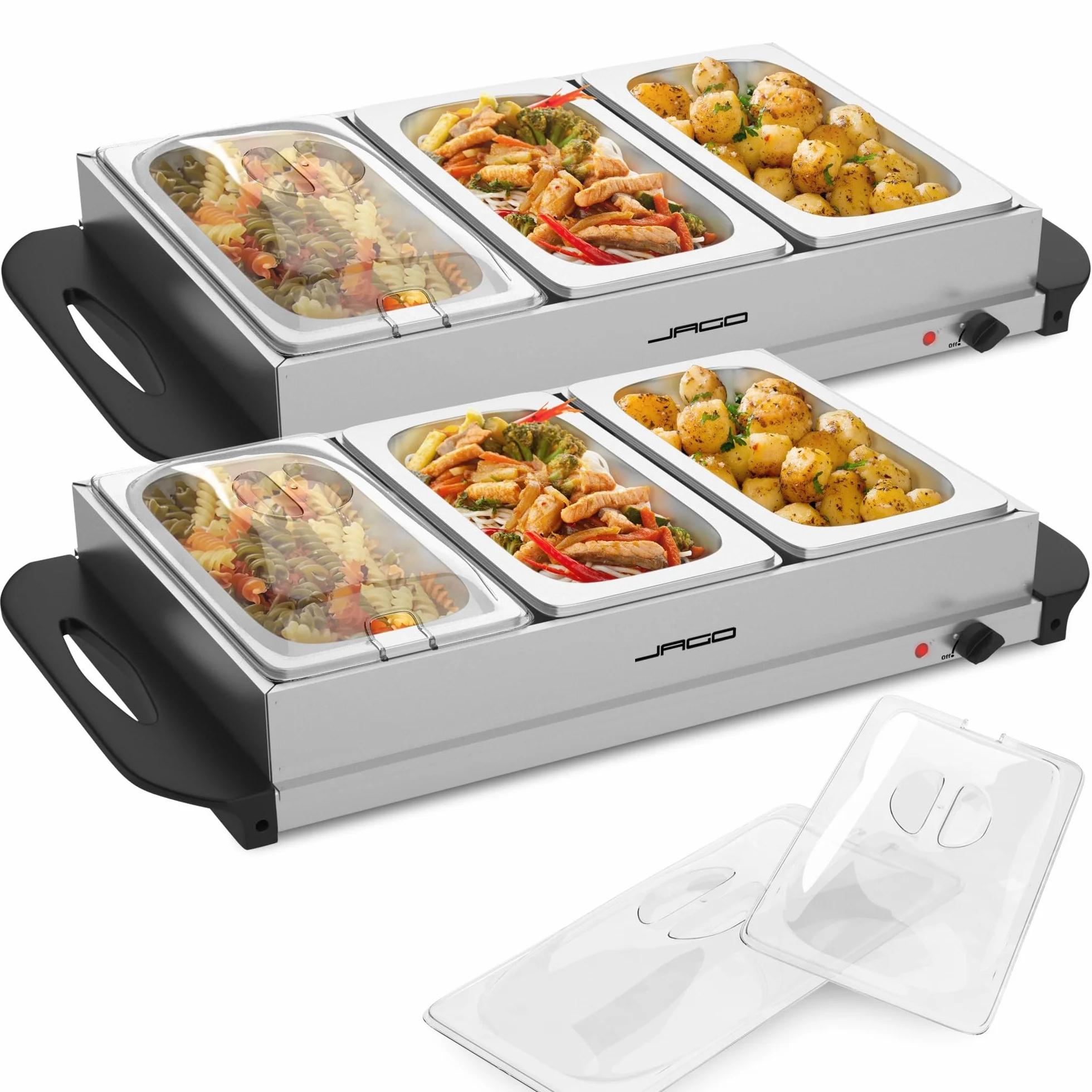 Jago® Calentador Buffet - Set, Eléctrico, Portátil, Acero Inoxidable, Control de Temperatura, 45-85°C, Placas Calefactoras, 3 x 2,5L, Táper - Bandeja para Mantener Alimentos Calientes