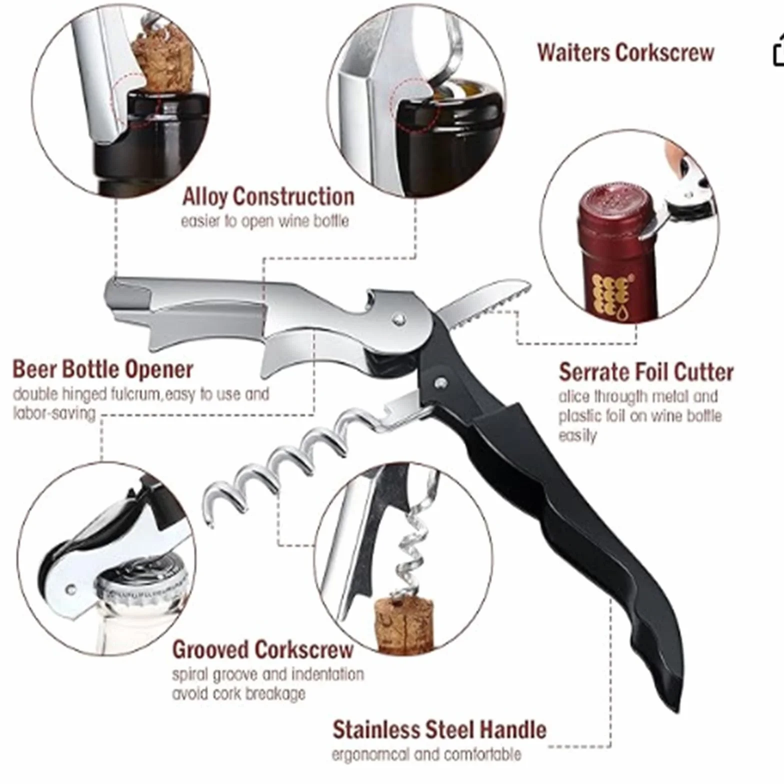 Abridor de Botellas de Vino 70G Acero Inoxidable Doble Bisagras Camarero Profesional Sacacorches