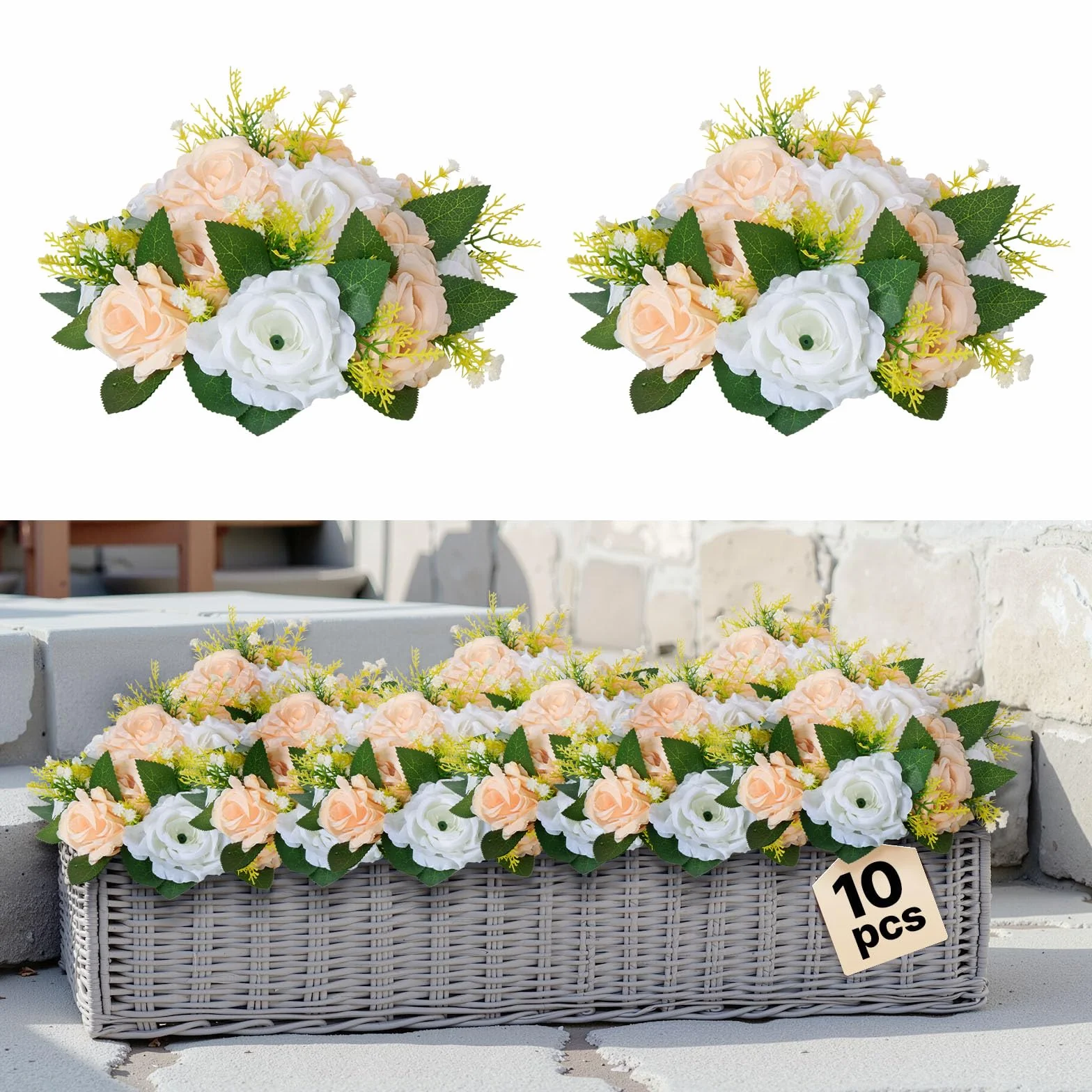 VEVOR Ramo de Bolas de Flores Artificiales, 10 uds, 24 cm Diámetro, Ideal para Centros de Mesa de Boda, Arreglos de Rosas para Decoración del Hogar, Color Champán y Blanco, 240 x 240 x 120 mm