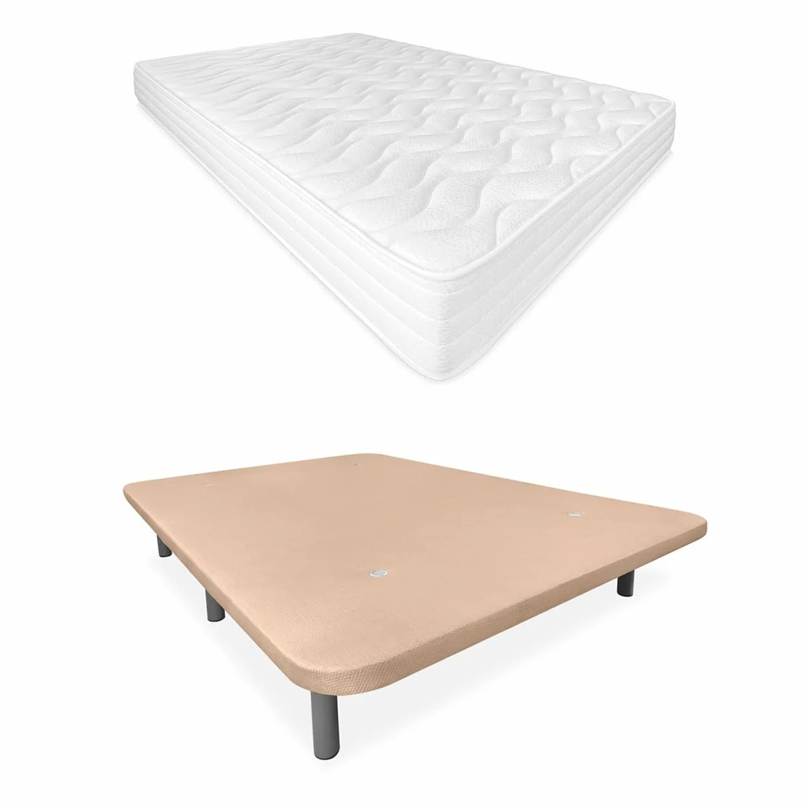 Somnia Descanso - Cama Completa con Colchón Sena 20 Reversible + Base Tapizada 3D Reforzada Color Beige con 6 Patas Metálicas Roscadas, 135 x 190