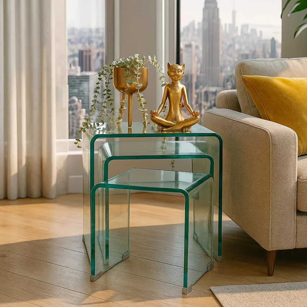 Homely® Juego de Tres Mesas Nido Murano 43-36-30 cm. | Cristal Curvado Templado de una Pieza Grosor 12mm. | Diseño Minimalista Ideal para Salones Modernos (Cristal Transparente)
