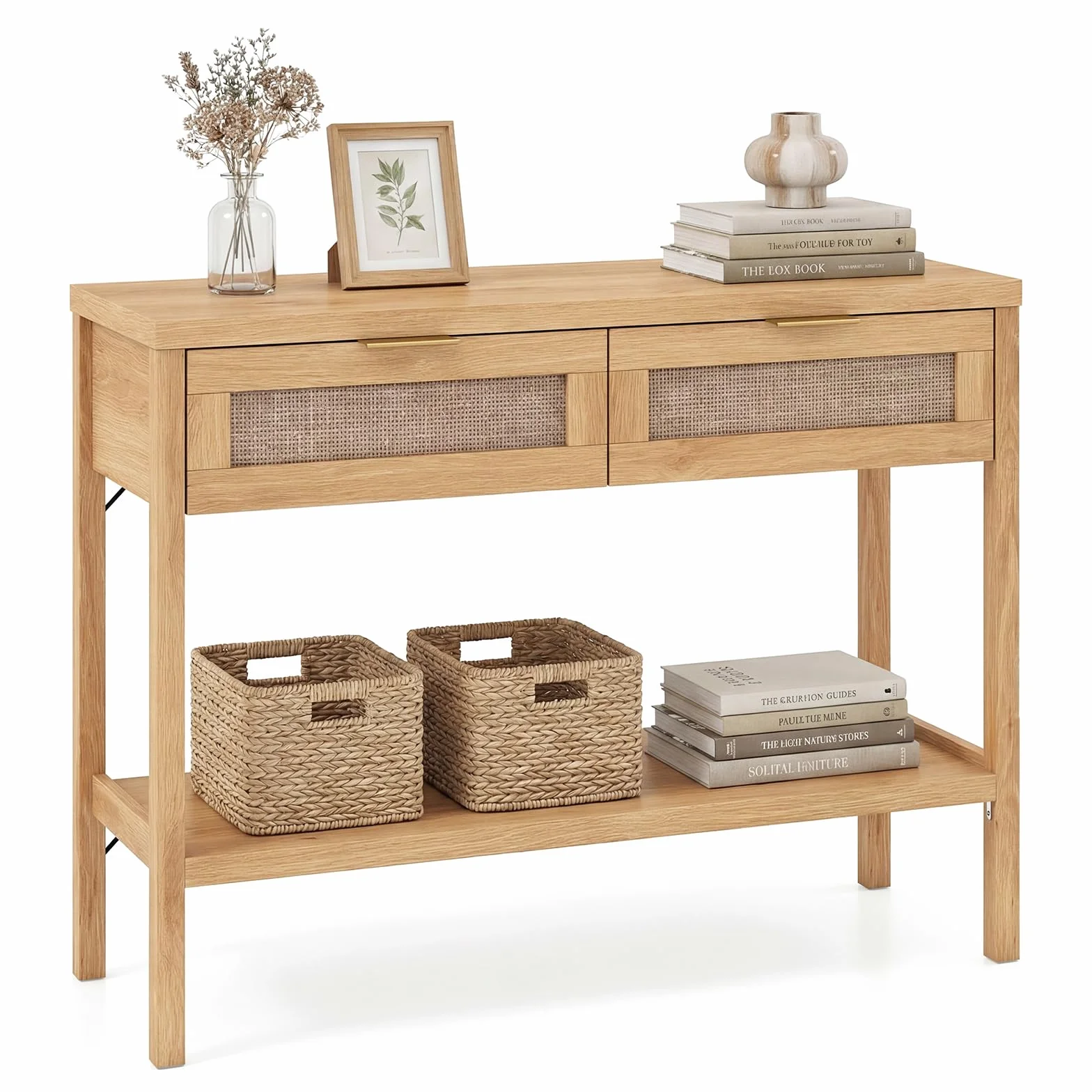 COSTWAY Mesa Consola Estrecha, Consola de Recibidor con 2 Cajones de Ratán, Estante de Almacenamiento Abierto, Kit Antivuelco, Mesa Auxiliar de Sofá para Entrada, Pasillo, 100 x 35 x 76 cm (Natural)