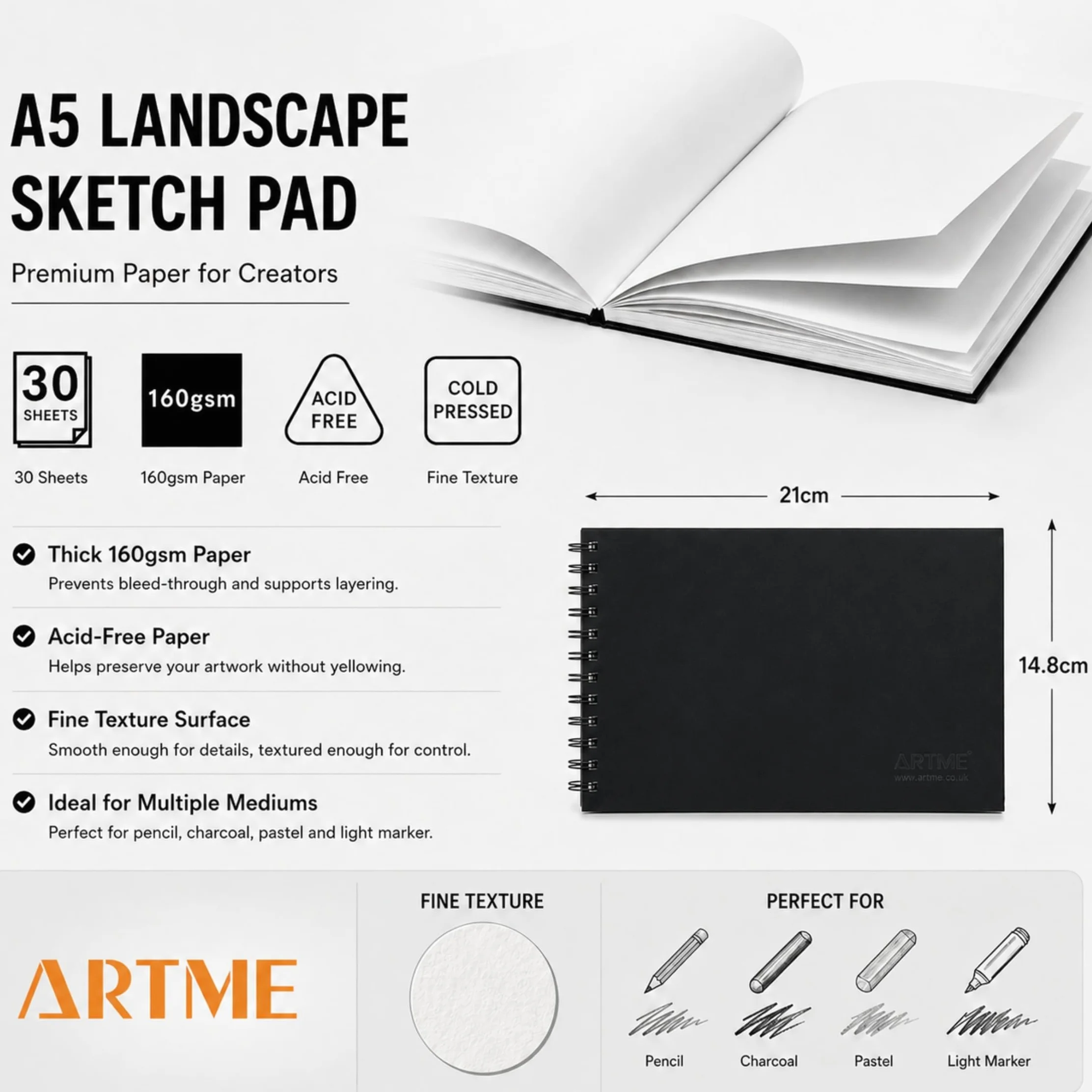 Artme Bloc de bocetos A5, 160 g/m², 30 hojas, cuaderno de espiral, 2 piezas