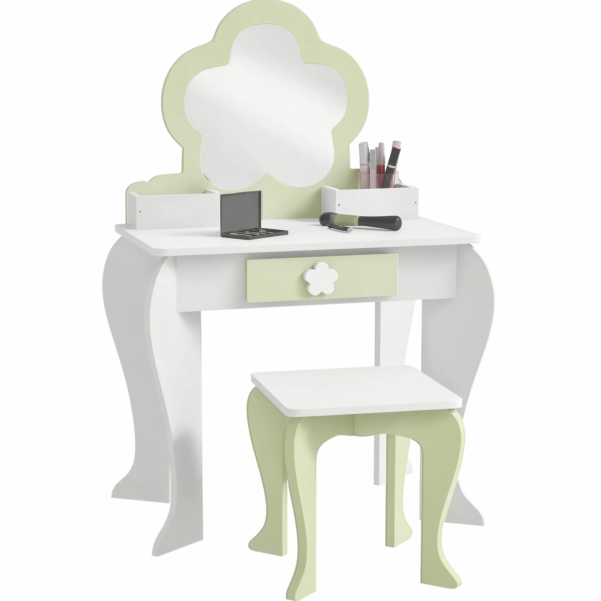 ZONEKIZ Tocador para Niñas con Espejo y Taburete Maquillaje 3-6 Años 2 Cajas 1 Cajón 55x34x87,5 cm Blanco Verde Pastel