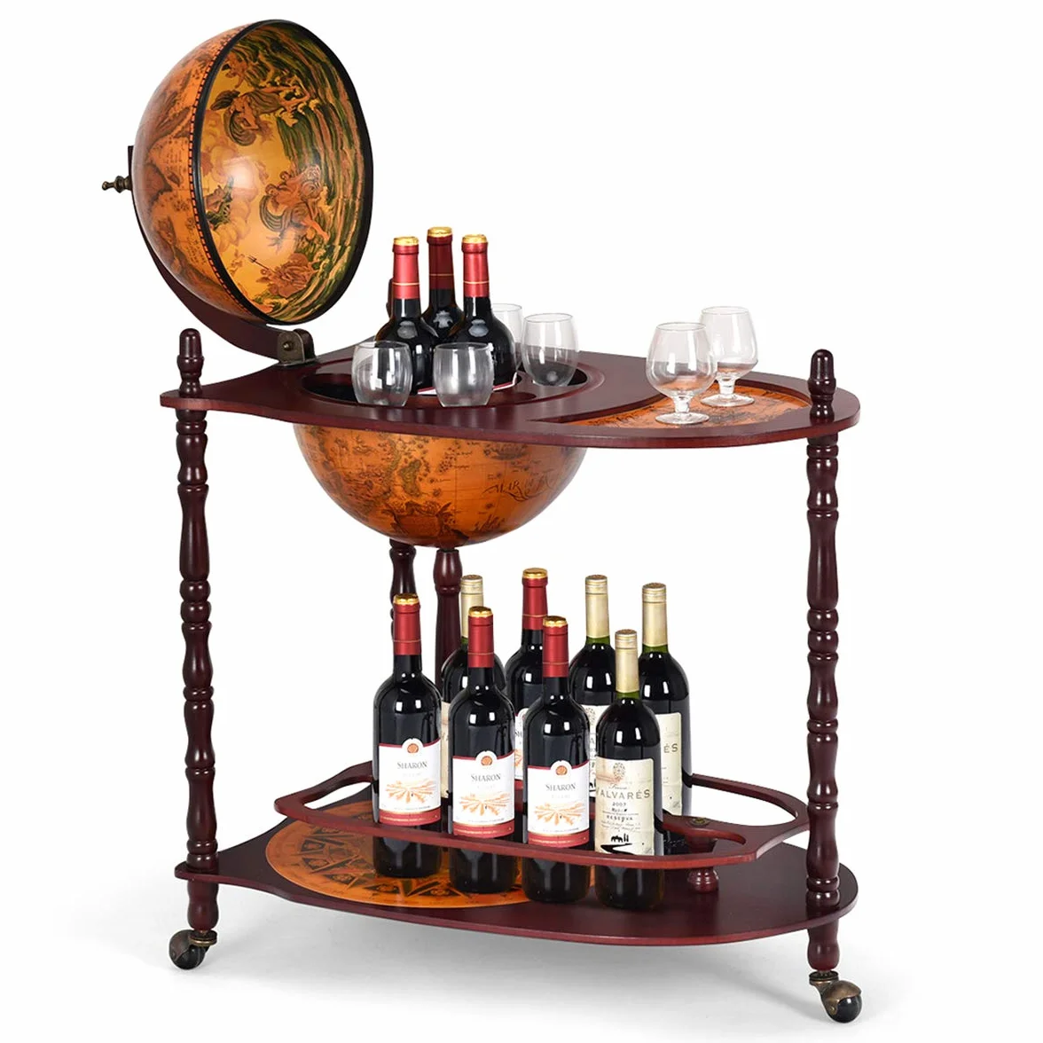 GOPLUS Carrito de Vino con Ruedas, Mini Bar en Forma de Globo, Armario para Botellas para Bar Casa Cocina