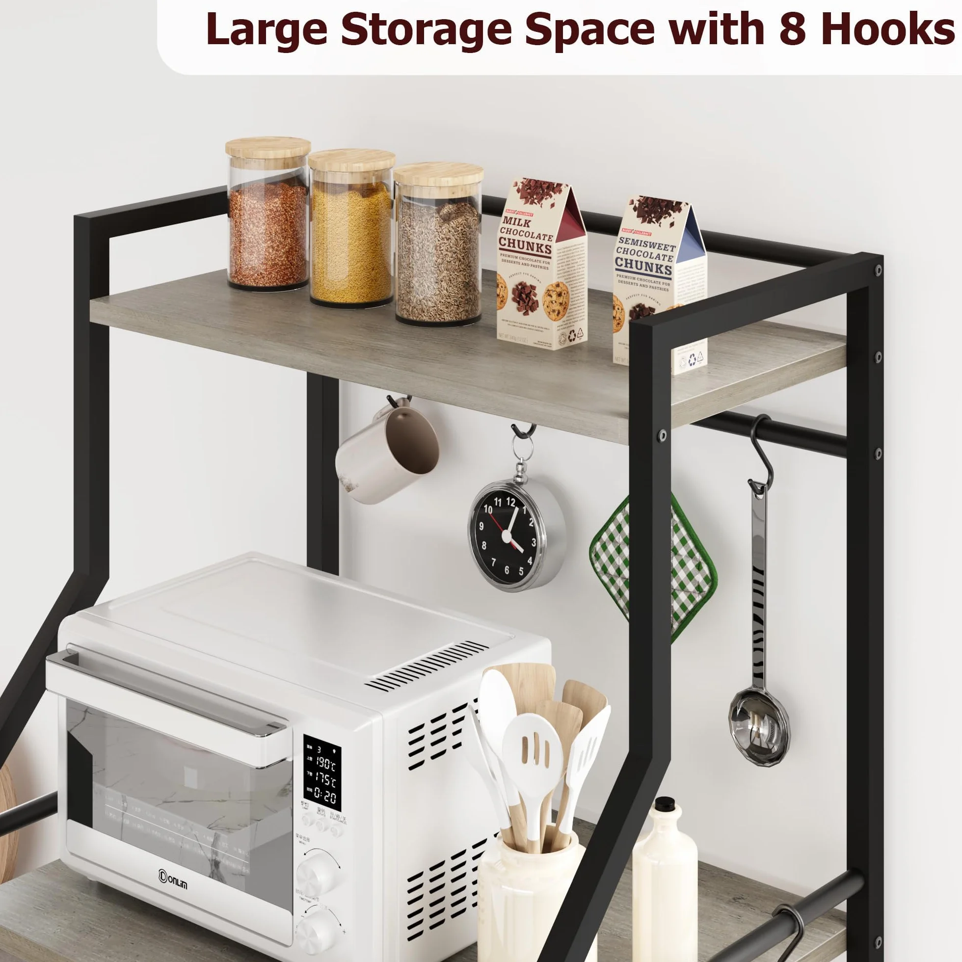 Garvee Estante de cocina de 5 niveles con soporte para microondas, incluye 2 cestas de alambre grandes, 8 ganchos y estantes de almacenamiento industriales para barra de café, perfecto para cocina o
