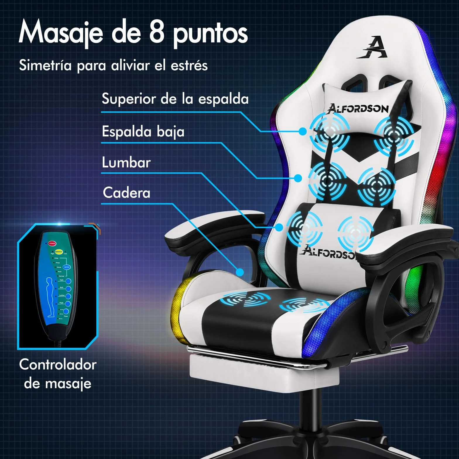 ALFORDSON Silla Gaming con Masaje y LED, Silla Gamer Ergonómica con Cojín Lumbar y Cervical, Reposapiés Telescópico, Iluminación para Ordenador, Videojuego, Juegos, Oficina, Cuero PU(Blanca)
