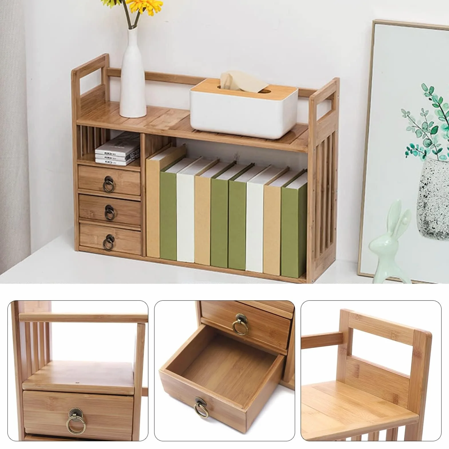 Estante Librería De Sobremesa - Estantería Pequeña De Sobremesa, Con Estantería De Mesa De Bambú De 3 Cajones, Estante De Exhibición De Almacenamiento De Juego De Té Para Sala De Estar