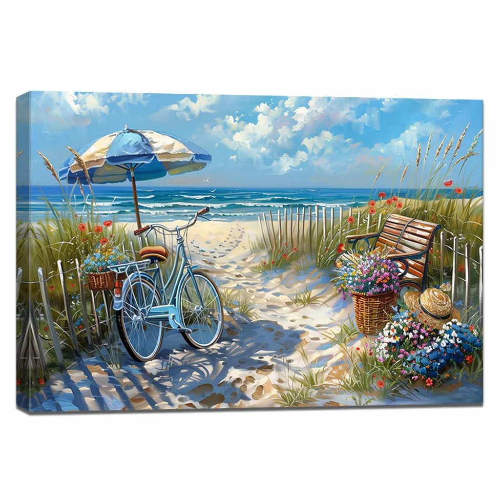 ZQQART Lienzo de playa para pared, diseño de bicicleta junto al mar con flores, cuadro de paisaje costero para decoración de baño (playa 3,16 cm x 61 cm)