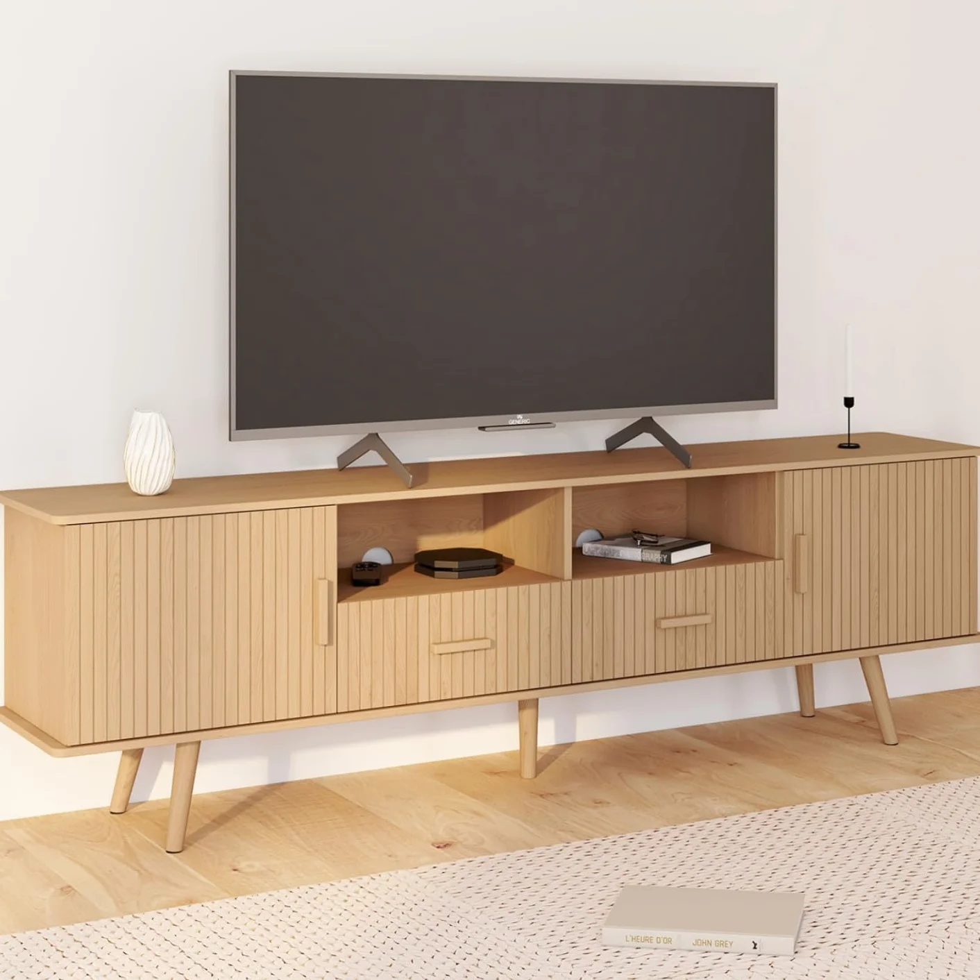 IDMarket - Mueble para TV de 180 cm Juliette con 2 puertas y 2 cajones, con tiras de madera en color roble