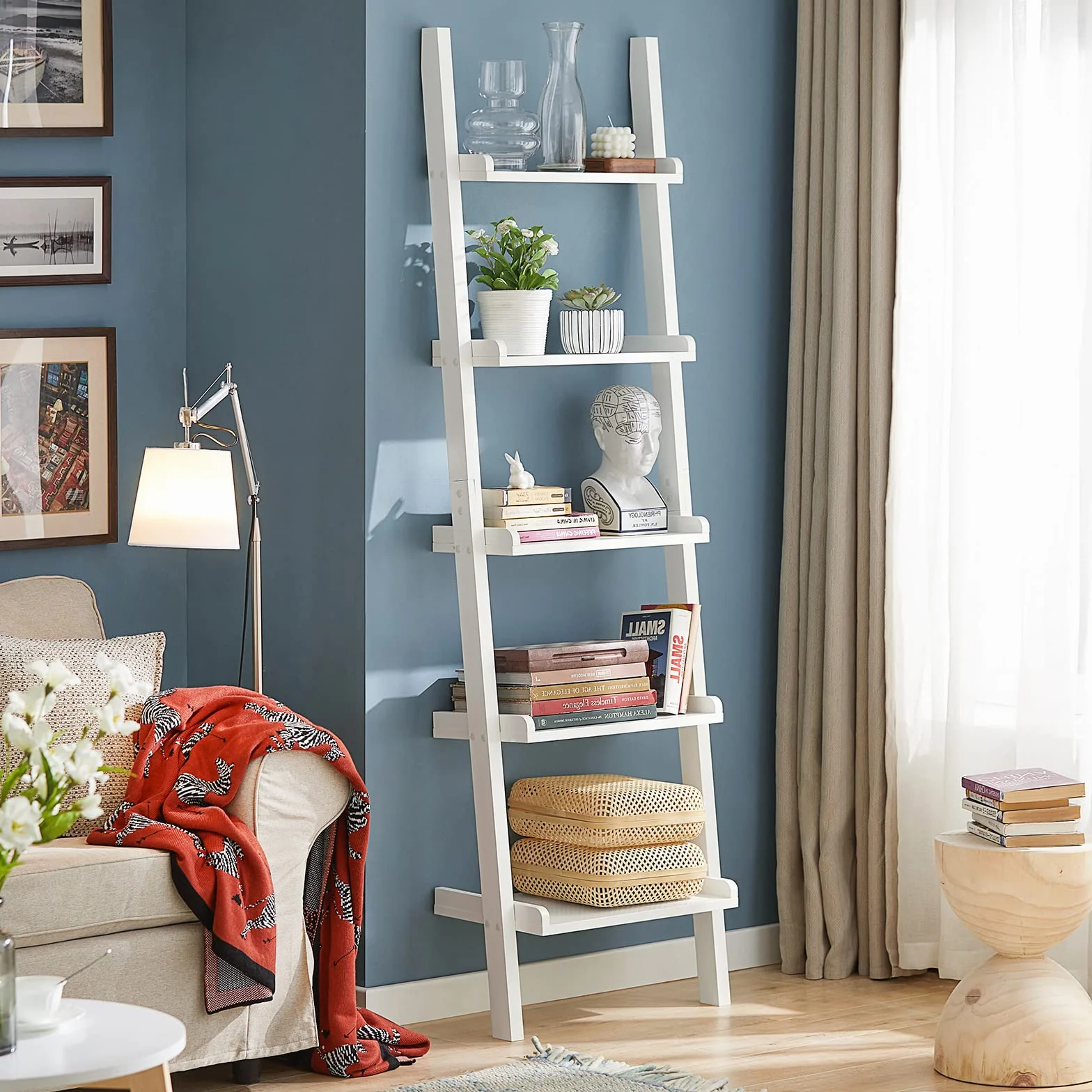 SoBuy Estantería Escalera 5 Estantes Soporta hasta 5kg/Estante 56x32x189cm | librería de pared en MDF blanco, diseño moderno, para salón u oficina FRG17-W