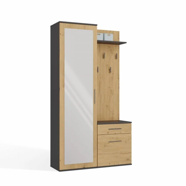 CDF Armario Recibidor con Espejo Corredero Perchero Panel Ganchos Estante Zapatos Cajón, Mueble Pasillo Diseño Bicolor Antracita Roble Artisan Contraste Moderno, Dimensiones 35x50x180 cm, Peso 63kg
