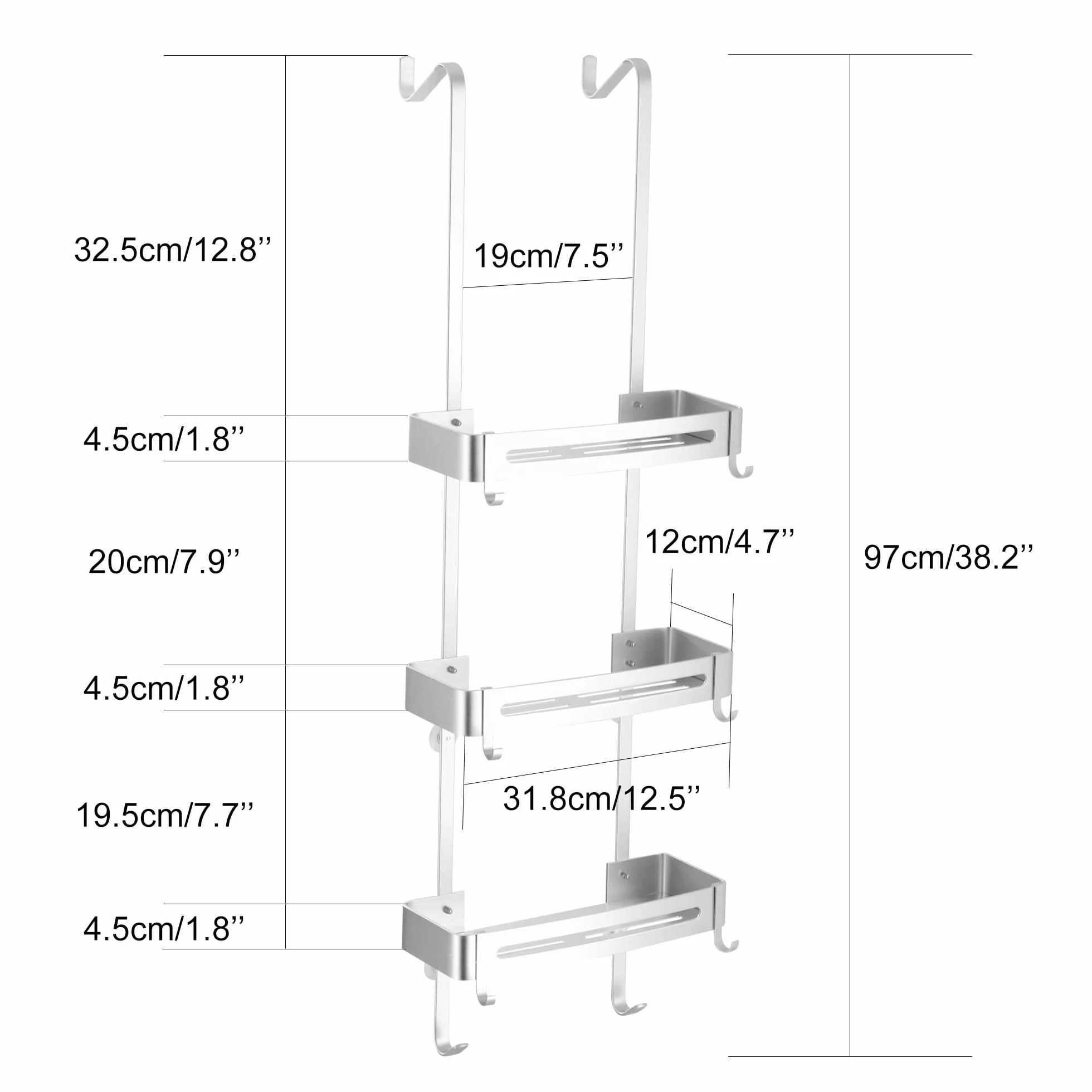 Organizador de ducha para baño, organizador de ducha para colgar sobre la puerta, estante de ducha de aluminio a prueba de óxido, estante de cesta con gancho(Plateado)