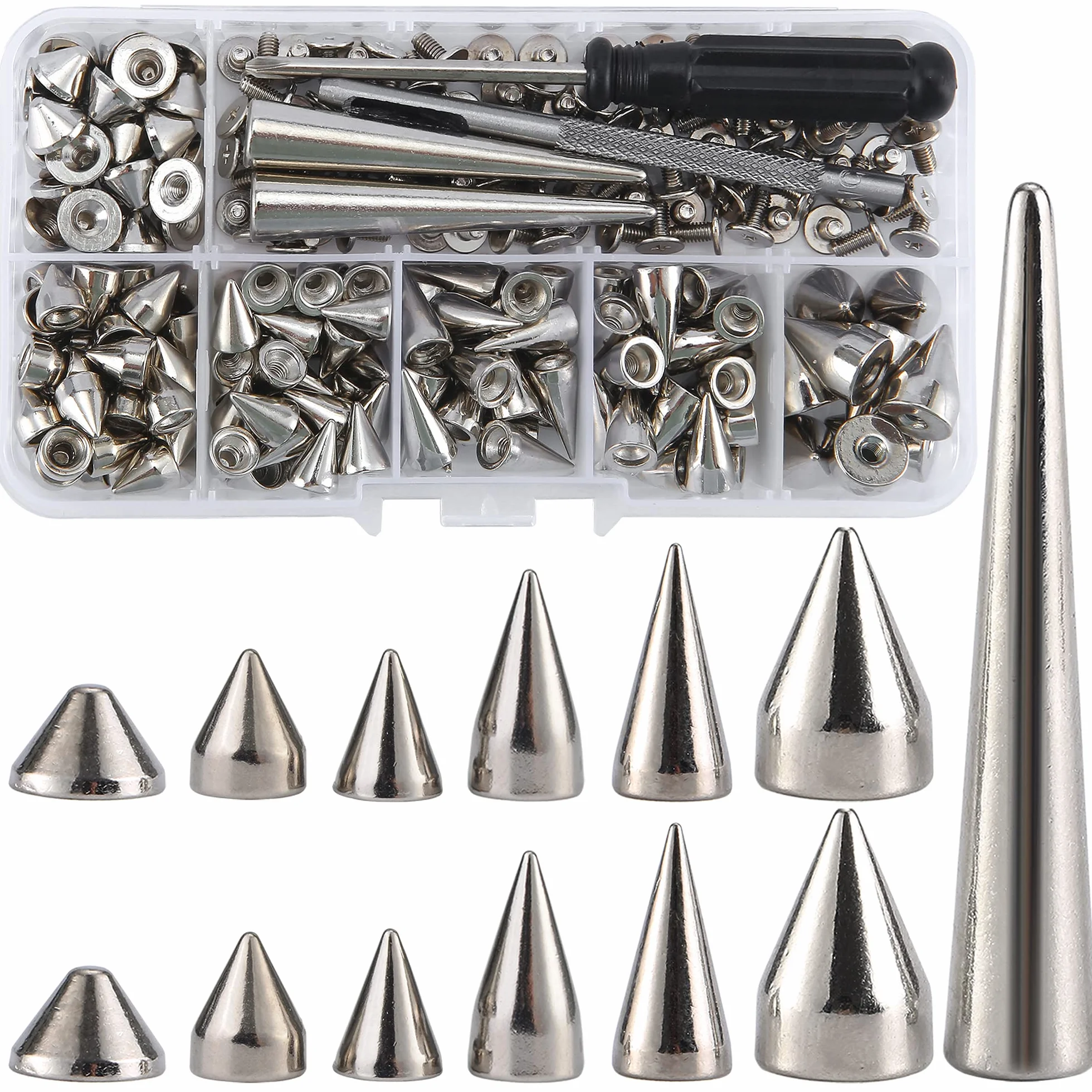 YORANYO 135 juegos de puntas y tachuelas de forma mixta de varios tamaños para ropa, espigas y espigas de color plateado con tornillo trasero de bala y remache para cuero, manualidades, ropa,