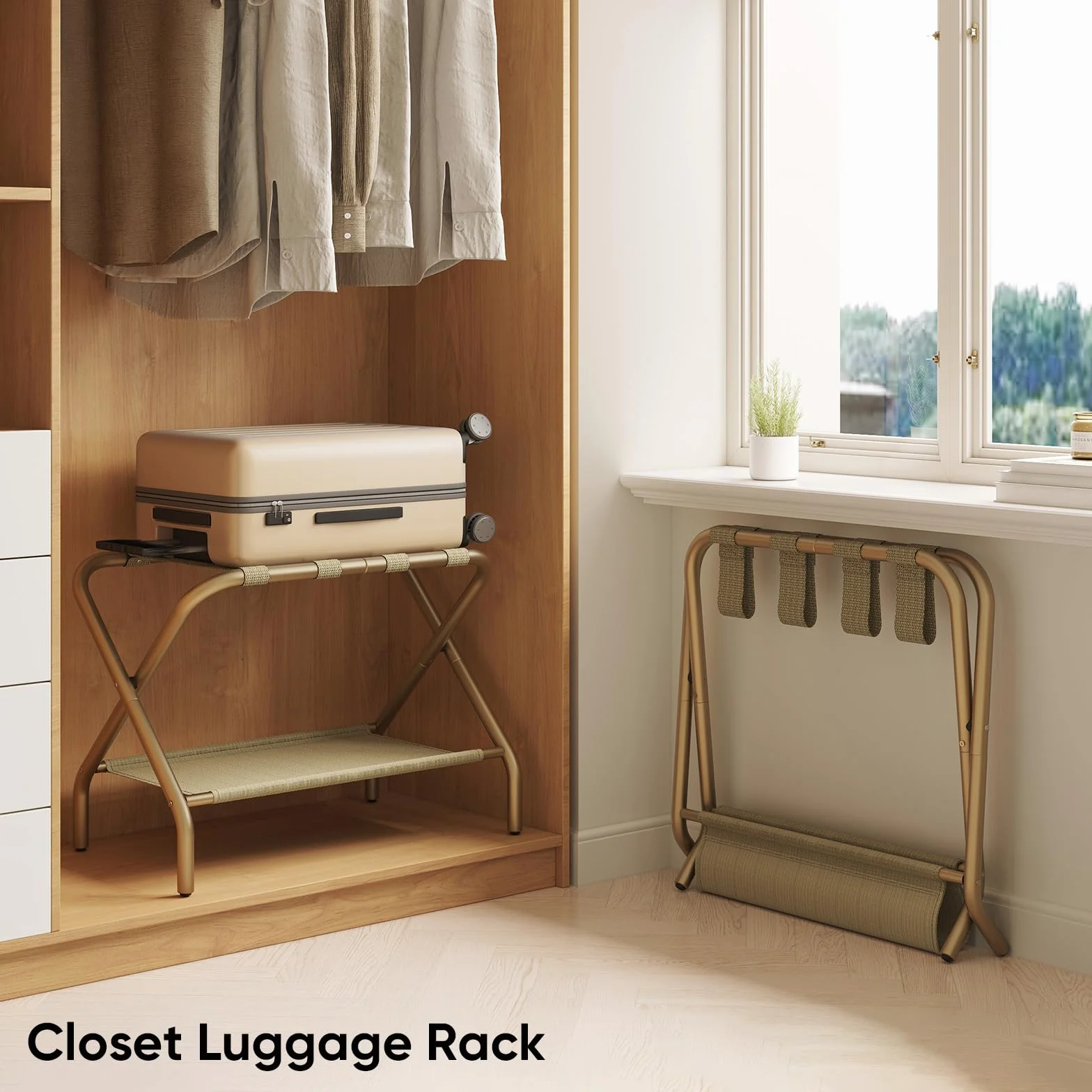 Smart FENDEE - Portaequipajes para habitación de invitados, soporte plano plegable con estante de tela, soporte de equipaje portátil de acero, recámara, hotel, fácil montaje, soporta hasta 100 libras,