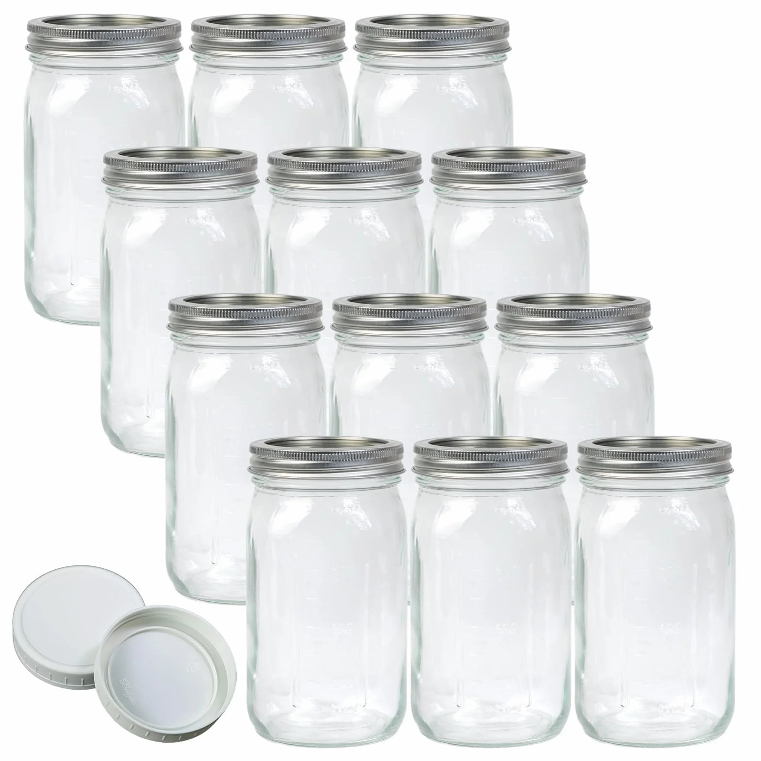 Jumterlee Tarros de boca ancha de 32 onzas, 12 unidades, tarros de conservas con tapas herméticas y tapas de plástico blanco con anillos de silicona para avena durante la noche, almacenamiento de