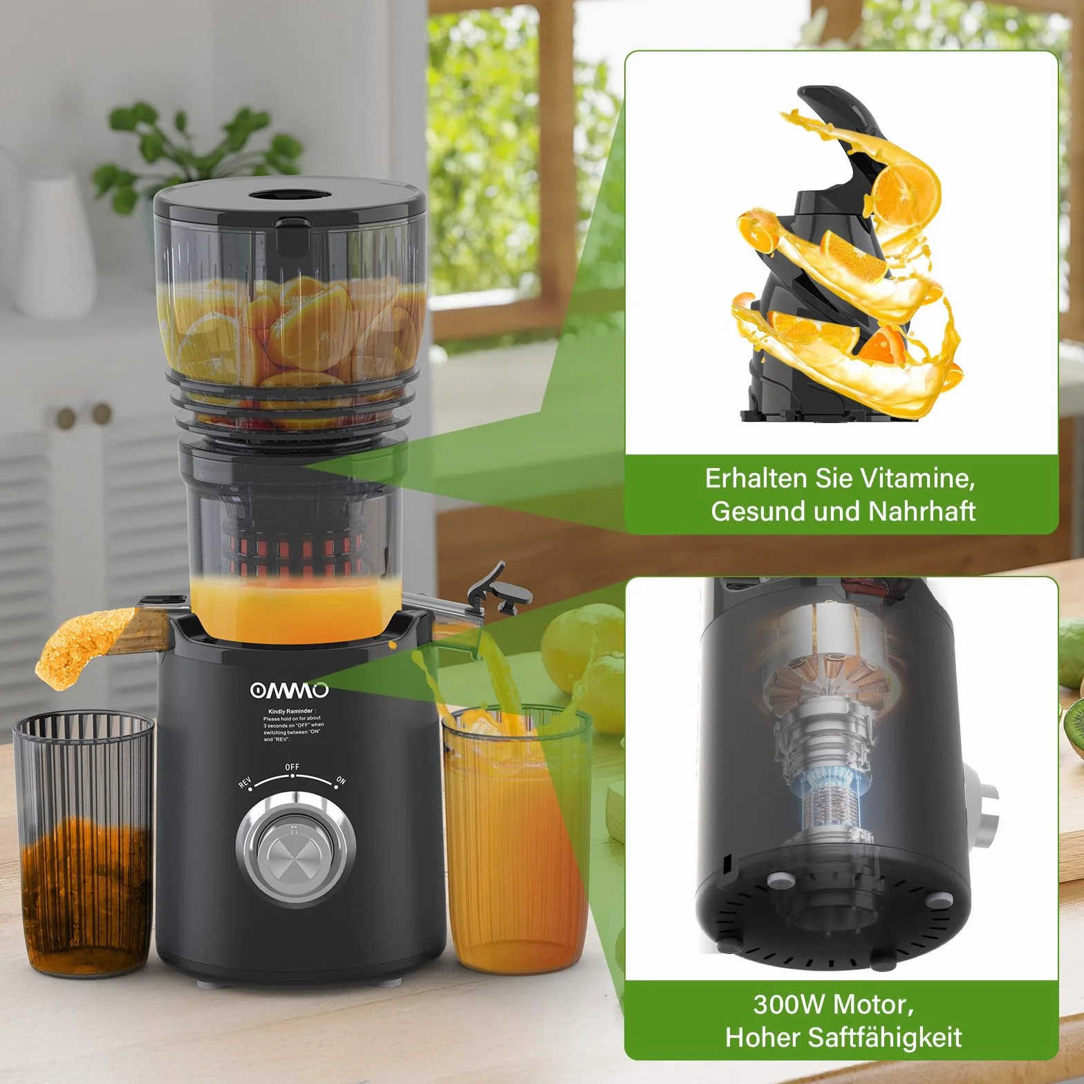 OMMO Extractor de Zumos y Verduras, 300W Exprimidor de Frutas y Verduras con Apertura de 148 MM, Extractor de Jugo Juicer Machine, Sin BPA, Negro