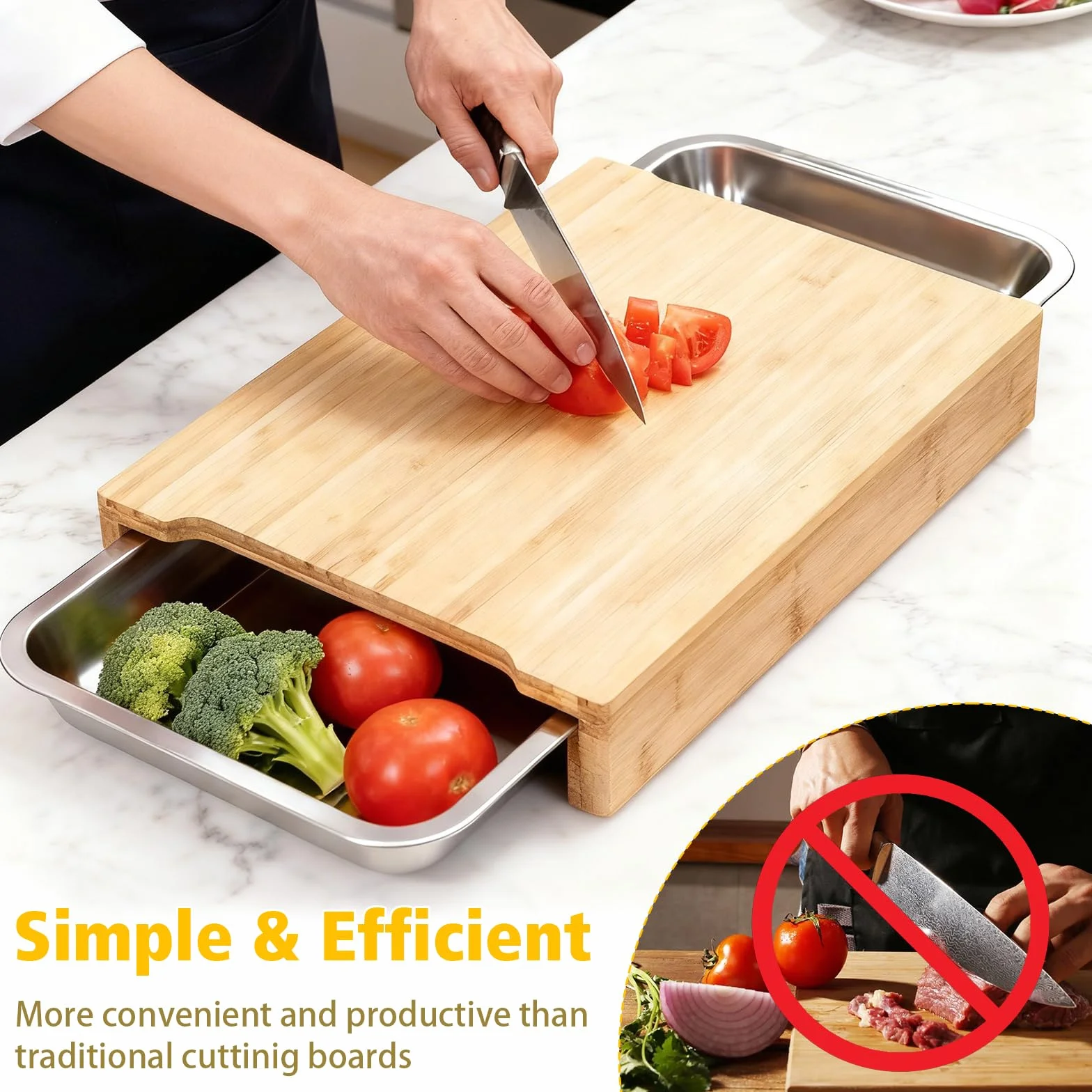 Tabla de cortar de bambú, tabla de cortar de cocina con 2 bandejas deslizantes de acero inoxidable para preparación de alimentos, carne, verduras