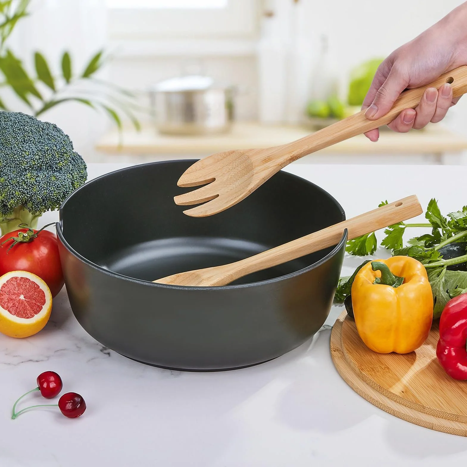 Ensaladera Ensaladeras De Madera Vajilla Cuchara Tenedor | Boles Grandes para Ensaladas y Comer Contenedores Alimentos Snacks Pasta Cereales Fideos Preparación Comidas Almuerzo Cena