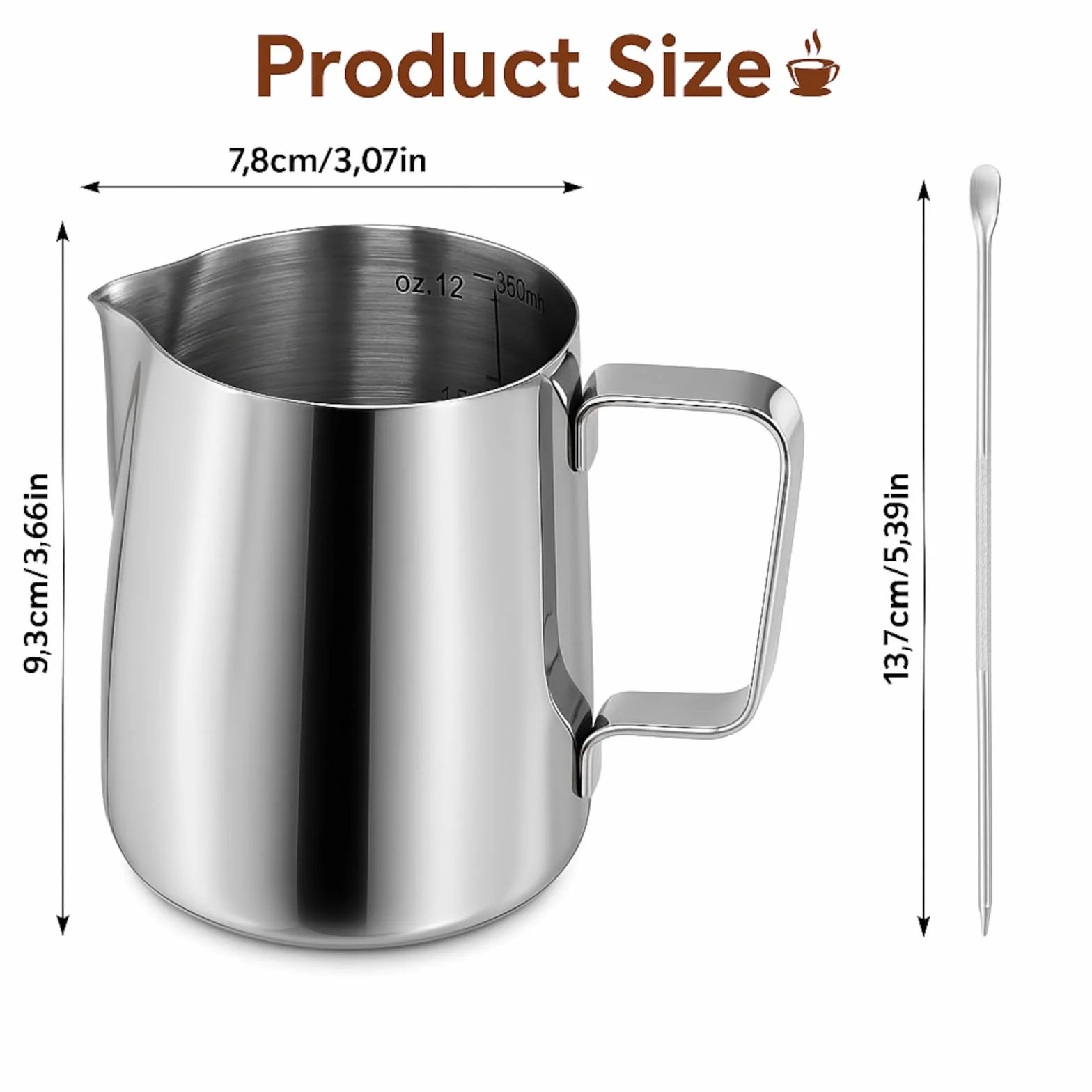 KITDAHOM Jarra de espuma de leche de acero inoxidable 350 ml con escala, dispensador de nata y aguja para latte-art para baristas