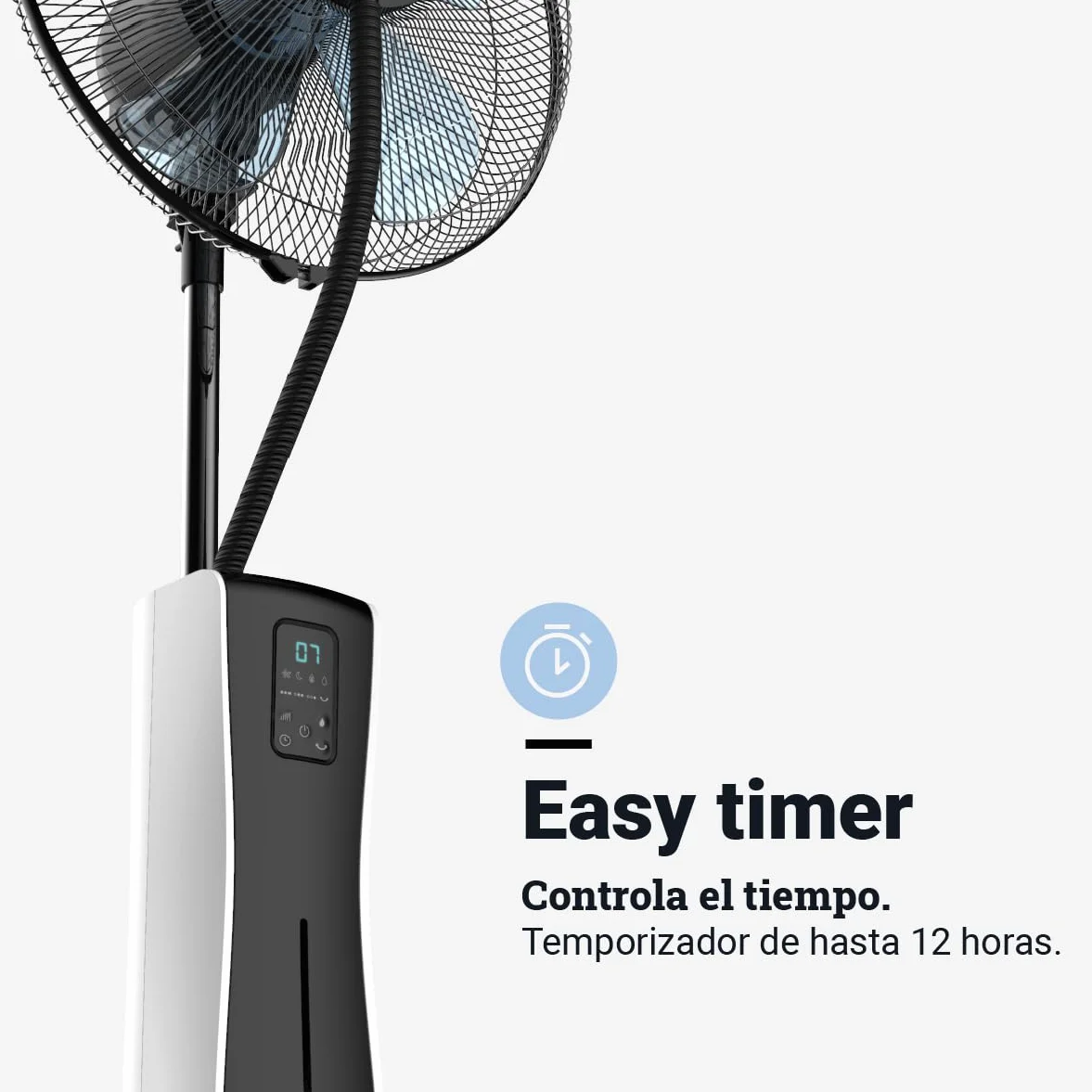 UNIVERSALBLUE Ventilador Humidificador Potente | Ventilador Nebulizador de Agua | Con Ruedas | Mando a Distancia | 3 Velocidades | Silencioso | Temporizador 12h | 5 Aspas | Blanco y Negro