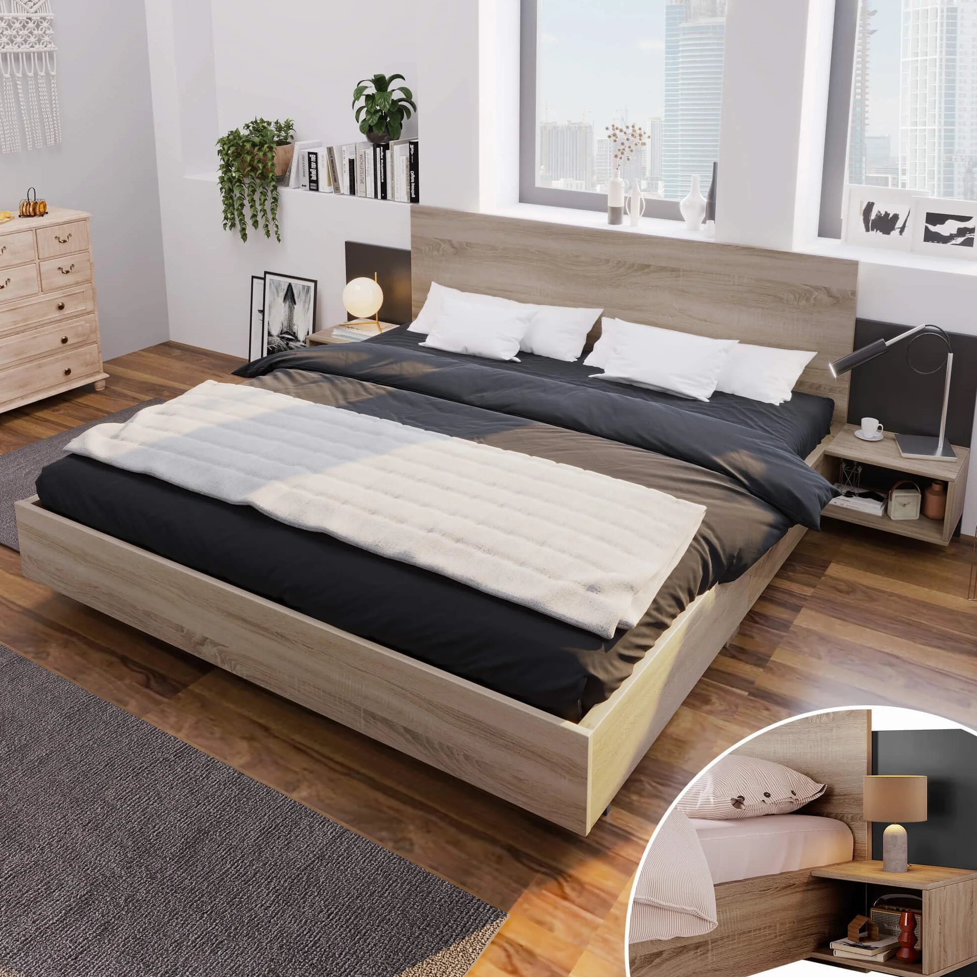 Elegante cama de matrimonio de 160 x 200 cm, con 2 cómodas de noche, cama moderna para dormitorio, juego completo de 205,5 x 235 x 76,5 cm (alto x ancho x alto) en roble Sonoma (sin colchón)