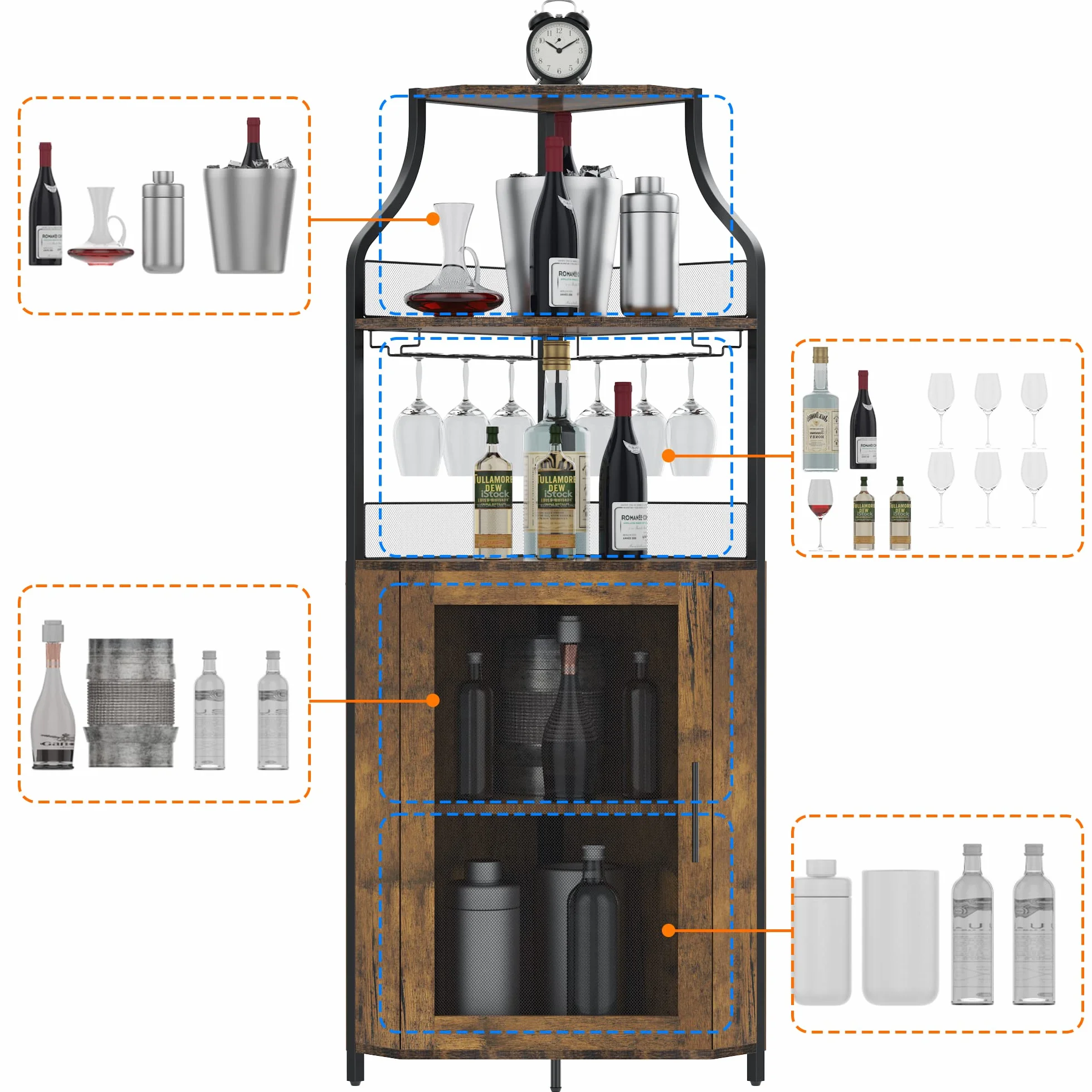 Garvee Armario de Vino Esquinero con Luces LED, Mueble Bar Industrial de 5 Niveles con Botellero y Porta Copas, Estantería para Vinos con Puerta de Malla para Salón y Comedor, Marrón Rústico