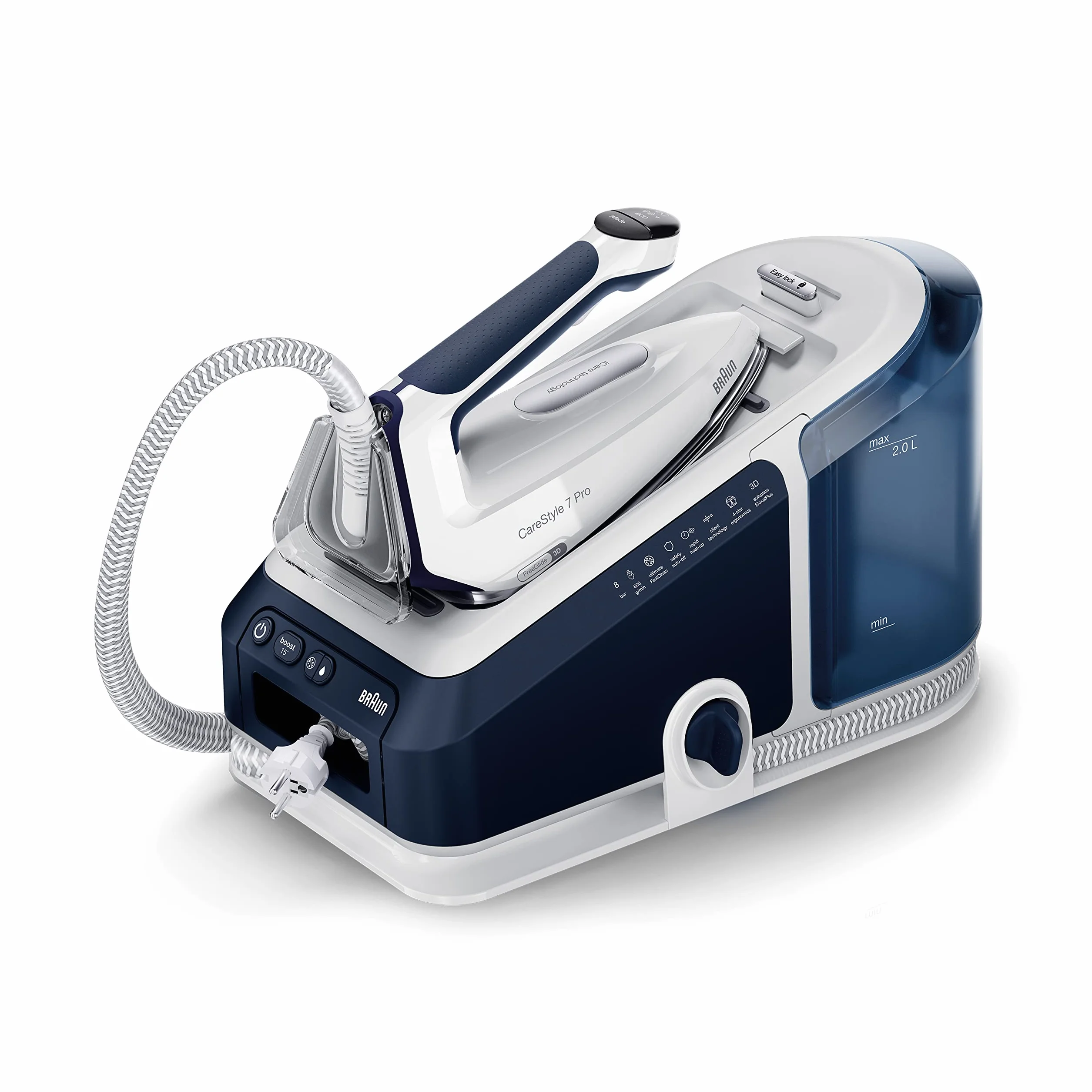 Braun CareStyle 7 Pro IS7282BL, Plancha Generadora de Vapor con Tecnología FreeGlide 3D, Smart iCareMode, Planchado Vertical, Antigoteo, Tanque de Agua Desmontable de 2L, 2700W, Azul Marino