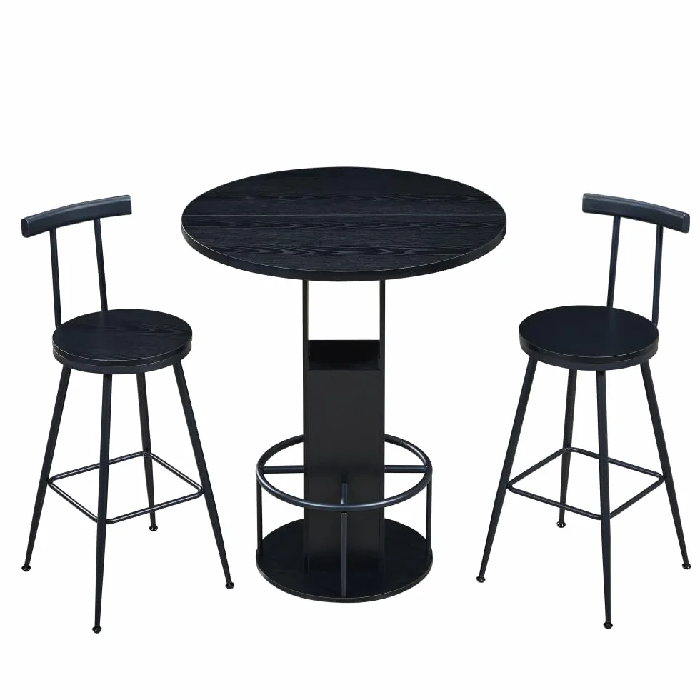 Juego de mesa de bar 3 piezas mesa redonda 2 taburetes madera robusta reposapiés metal